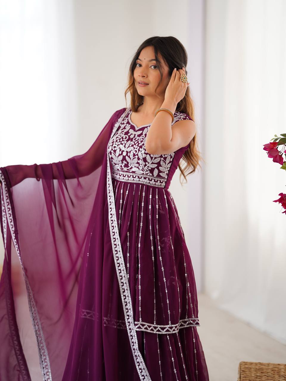 Wine coloured georgette sequin embroidered lehenga with top