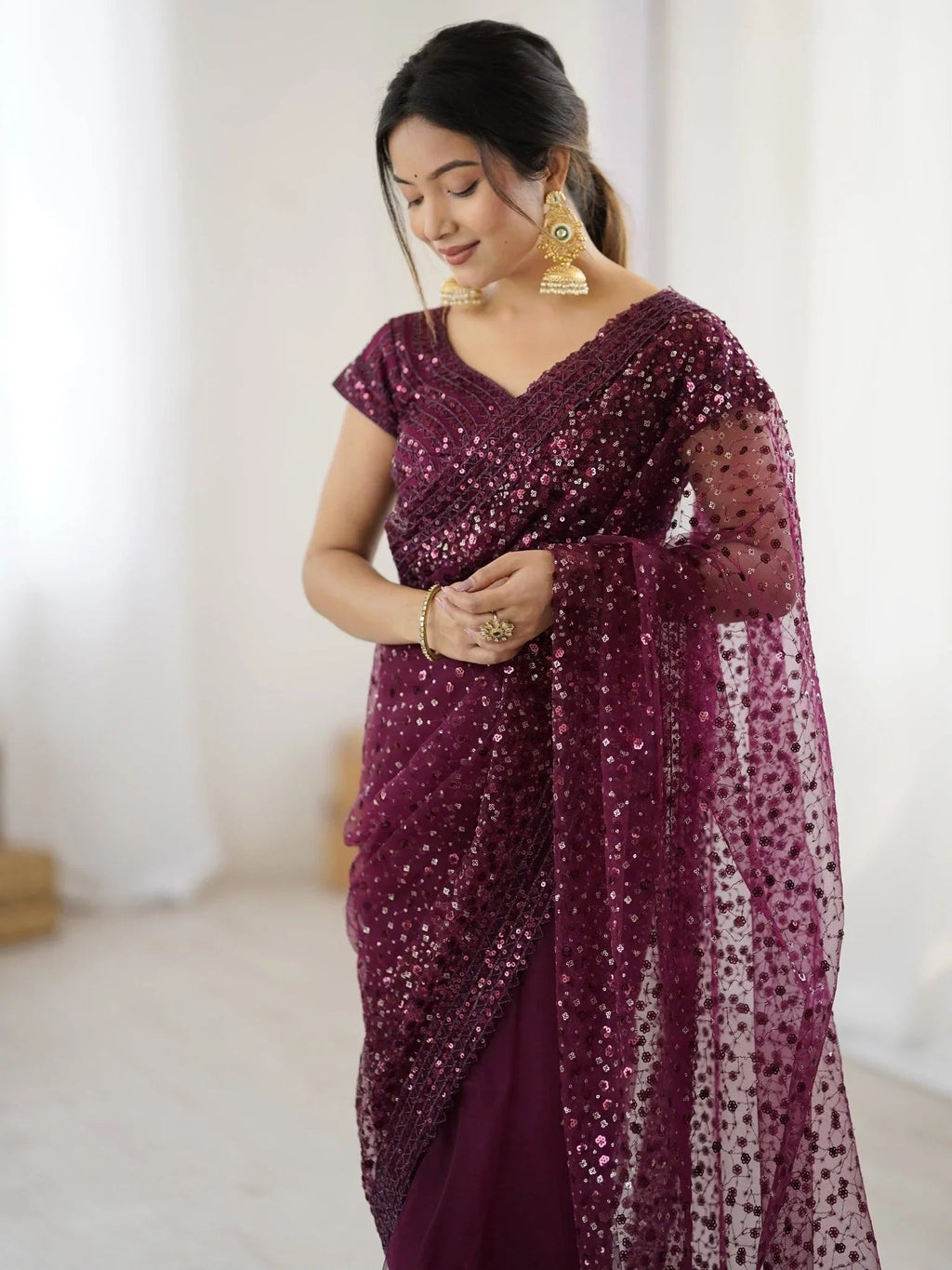 Wine Net Sequins Work Saree With Blouse
