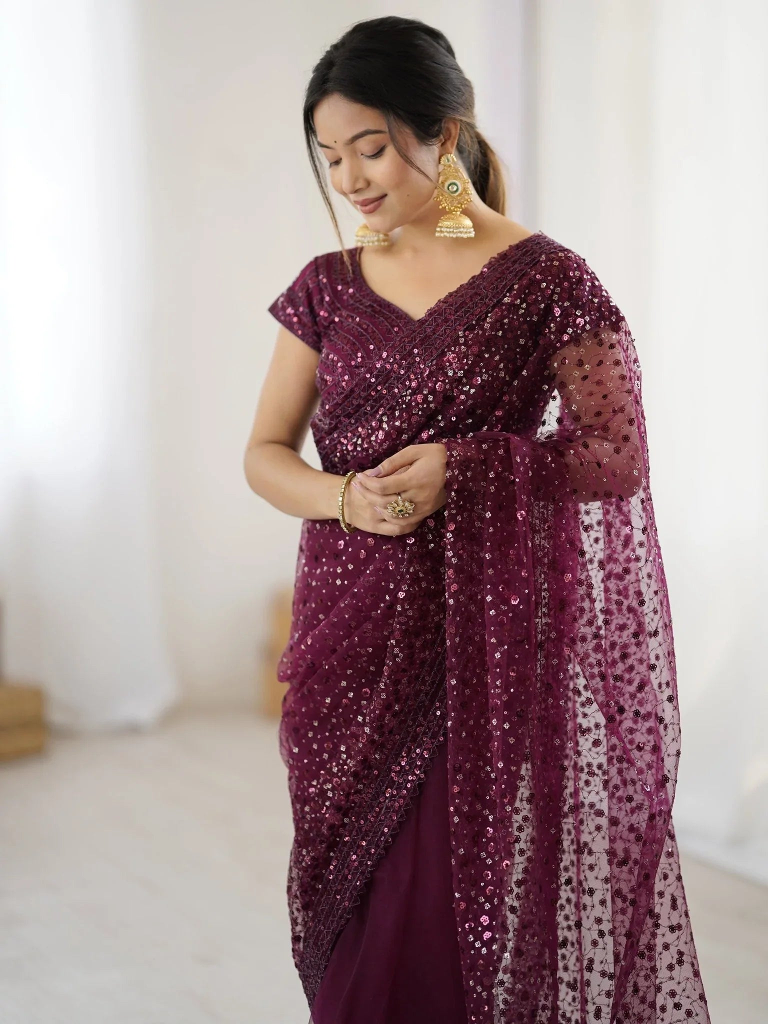 Wine Net Sequins Work Saree With Blouse