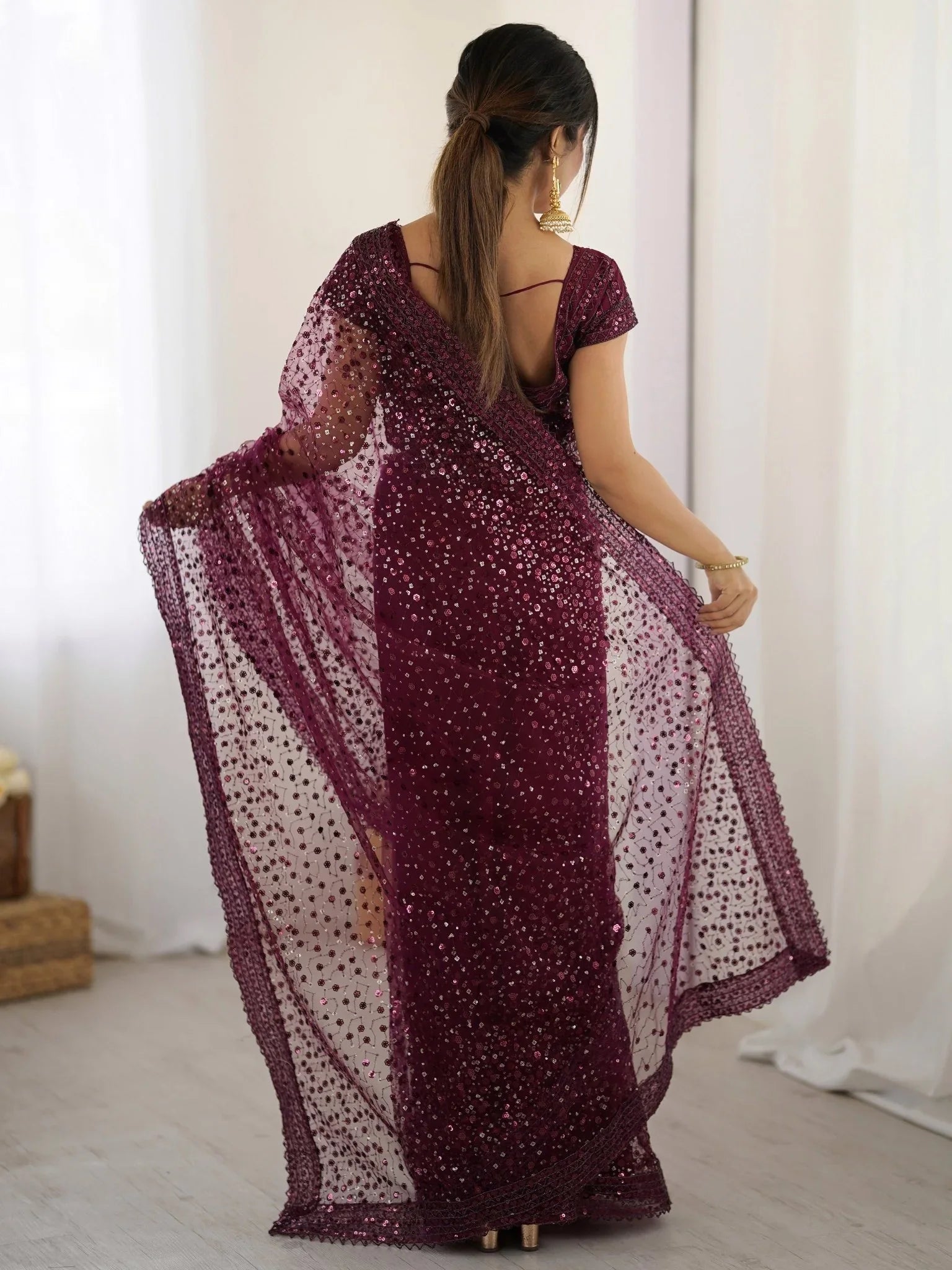Wine Net Sequins Work Saree With Blouse
