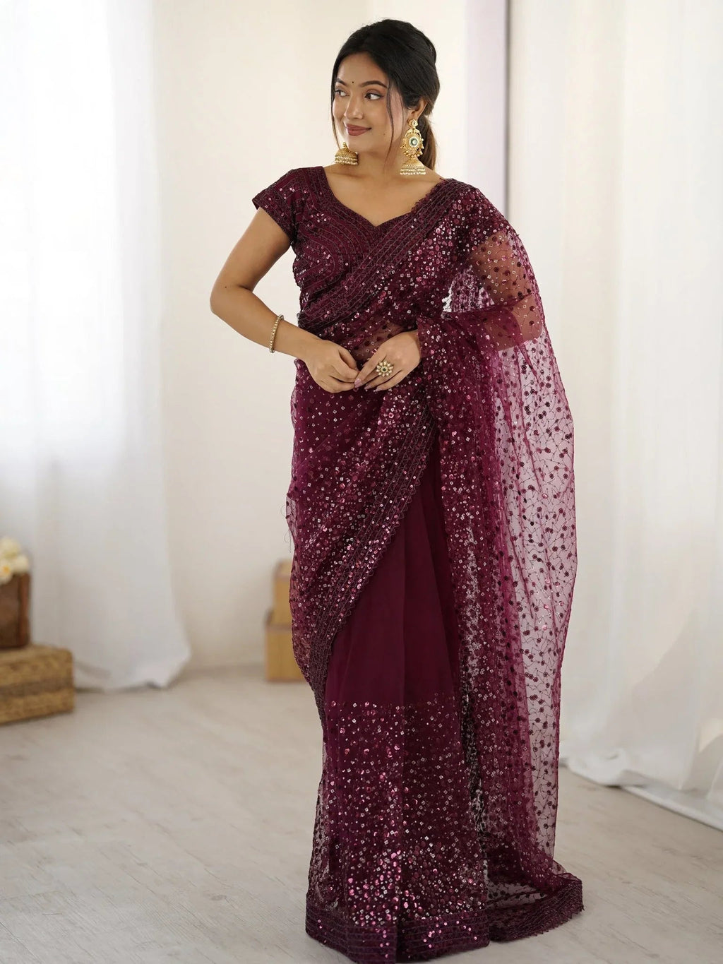Wine Net Sequins Work Saree With Blouse