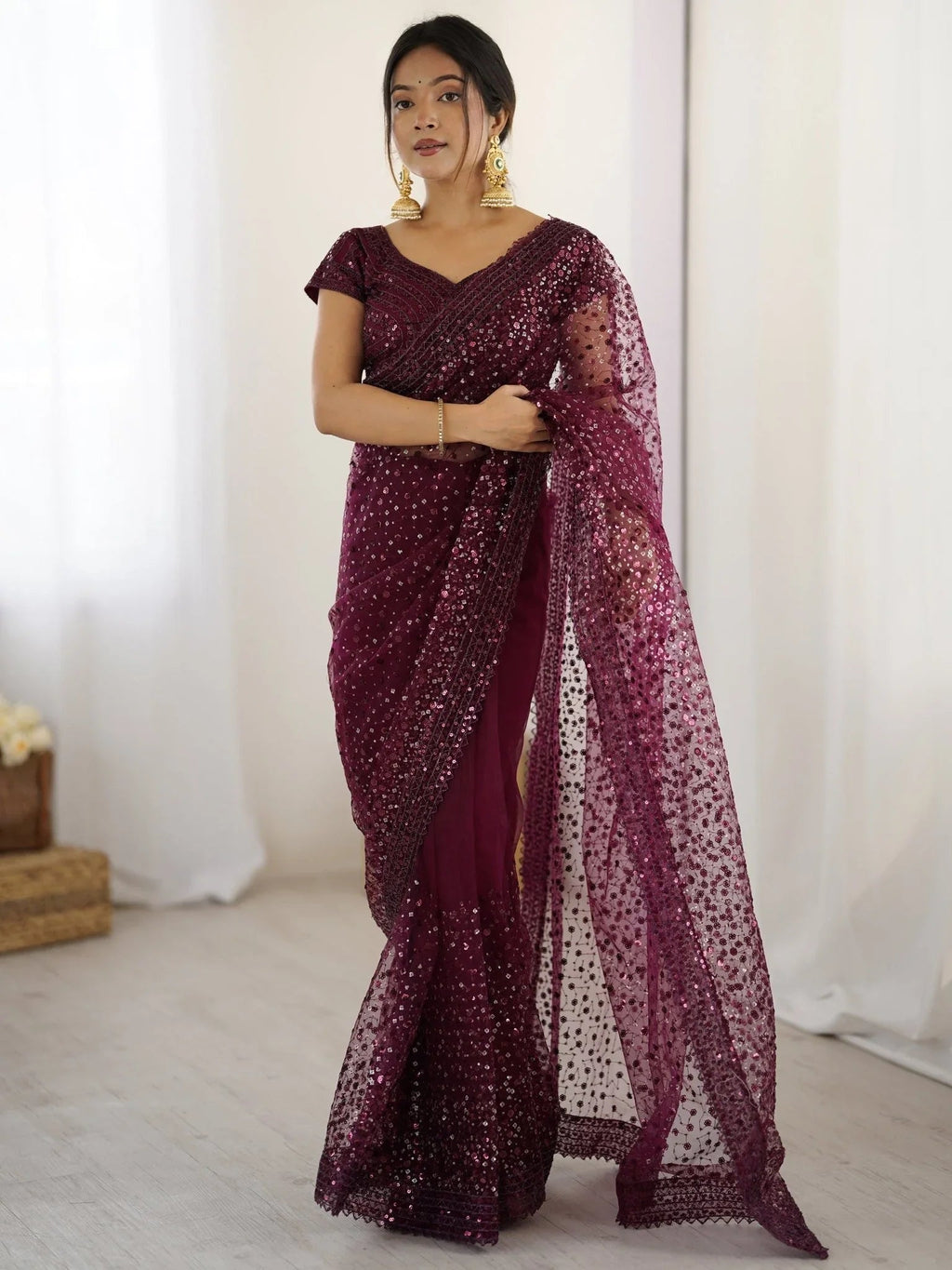 Wine Net Sequins Work Saree With Blouse