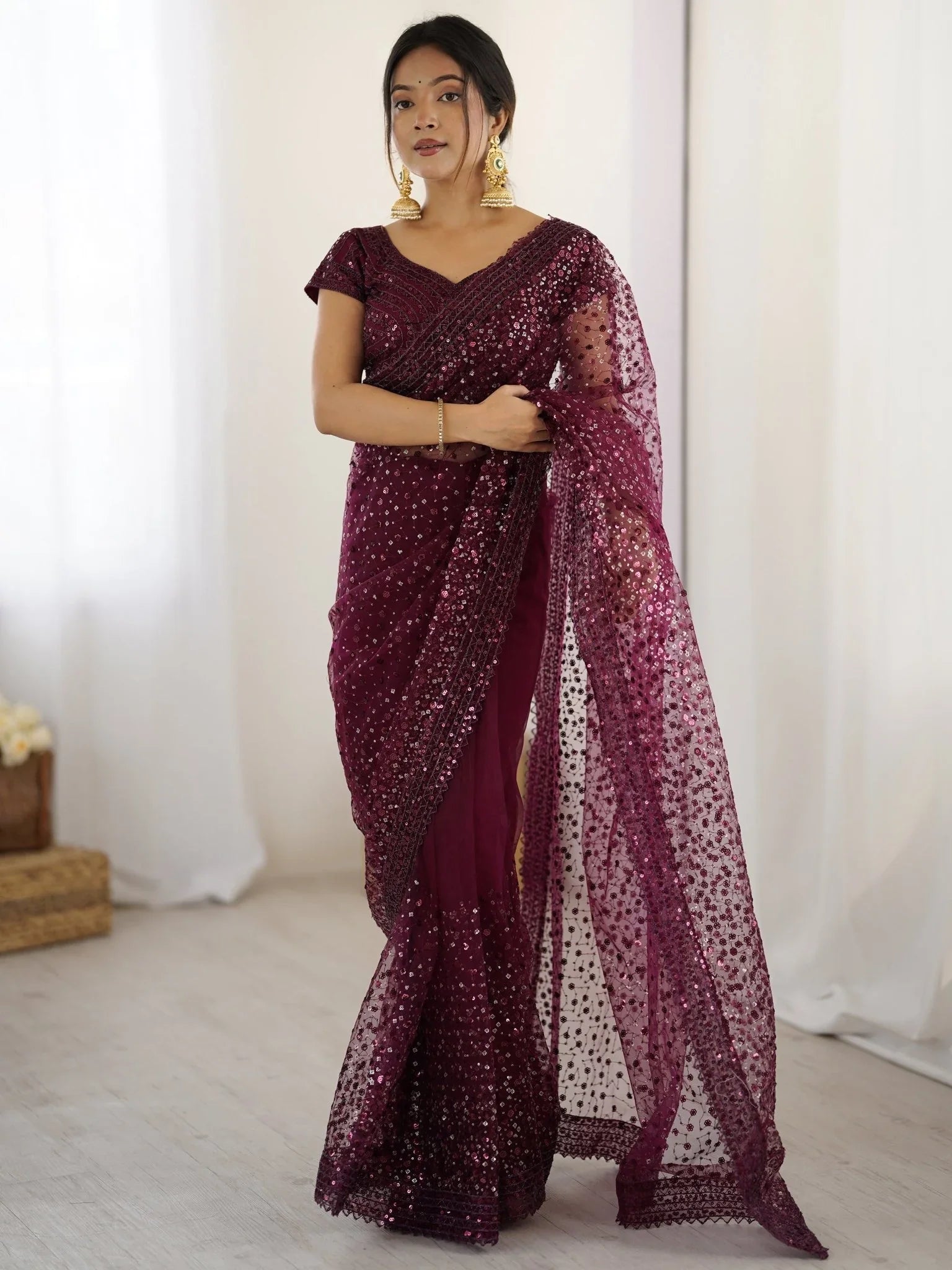 Wine Net Sequins Work Saree With Blouse