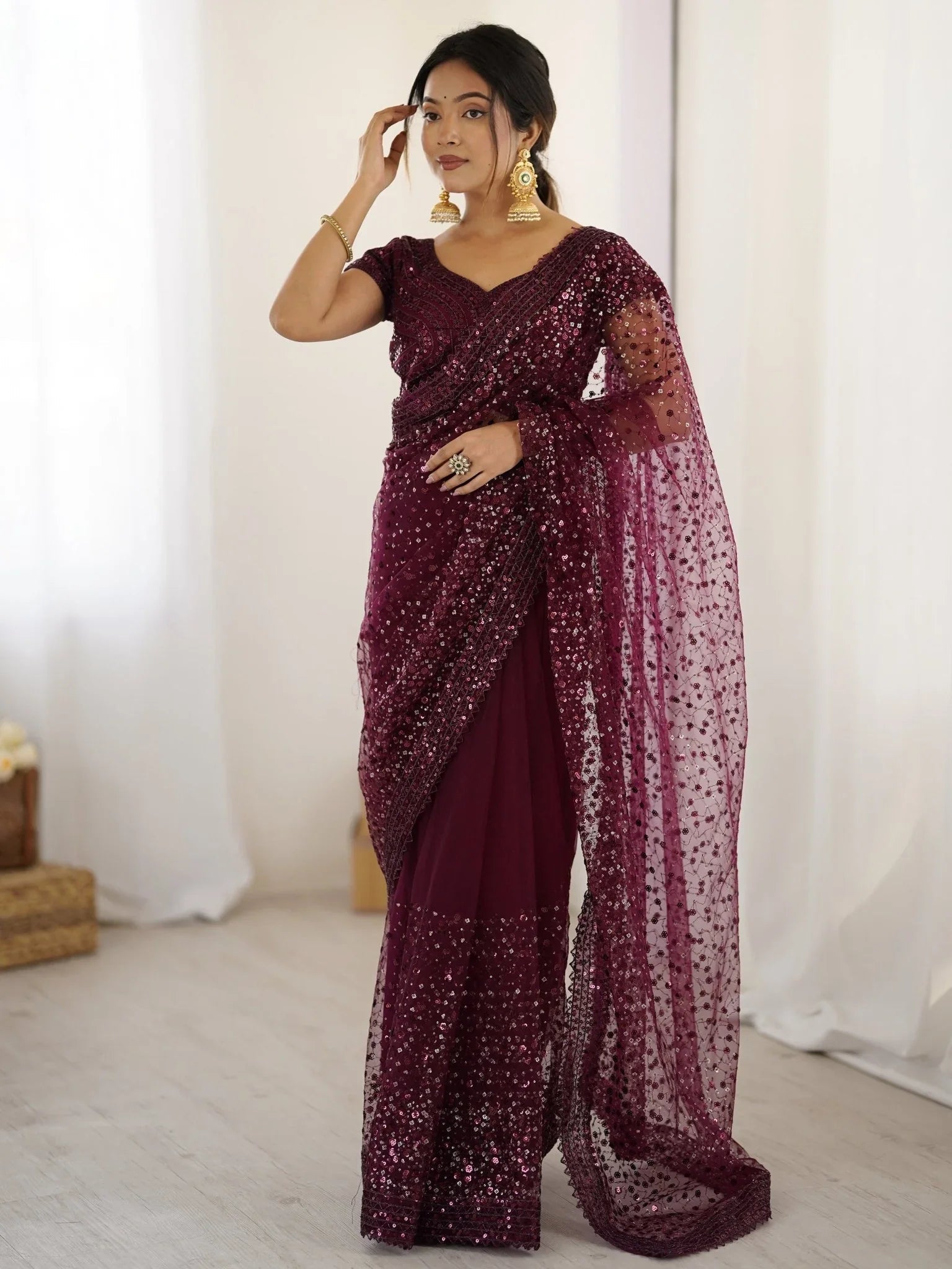 Wine Net Sequins Work Saree With Blouse