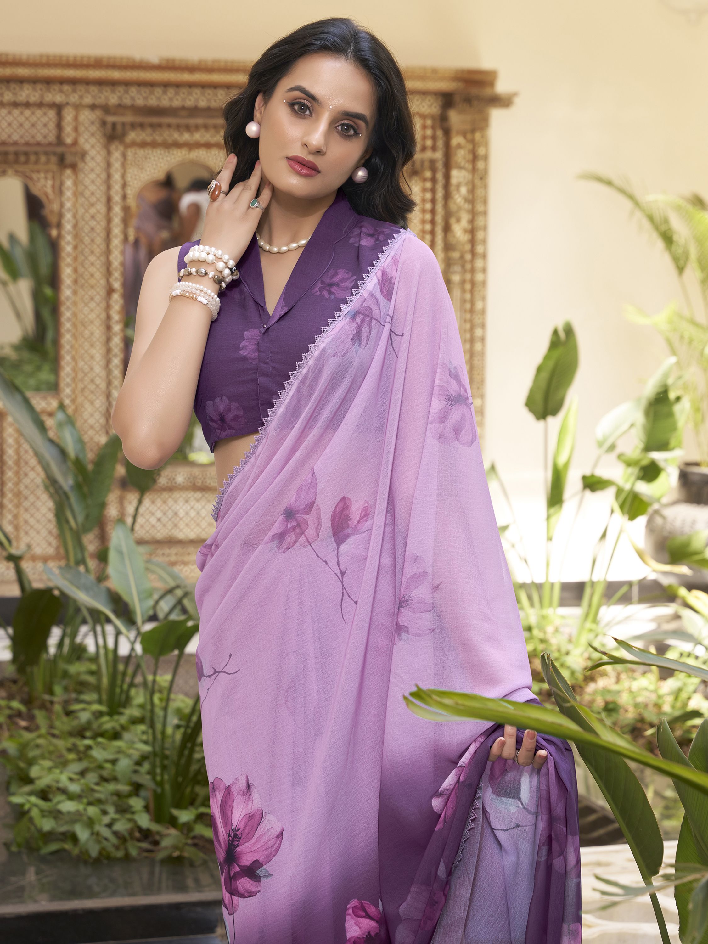 Wine Mauve Ombre Marble Saree with Floral Print & Lace Border