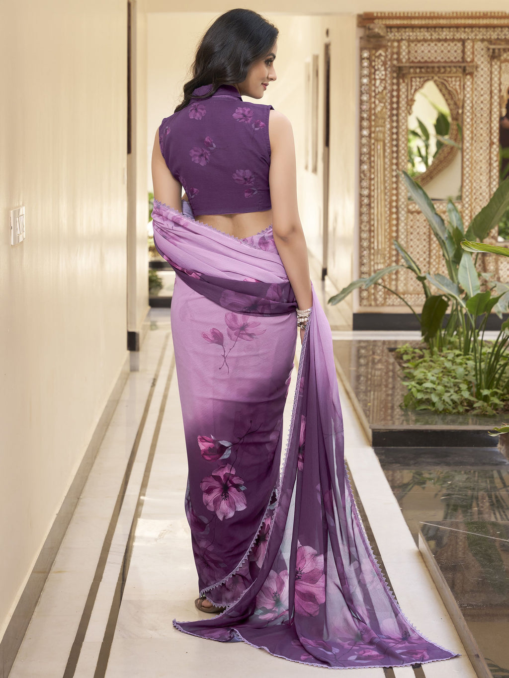Wine Mauve Ombre Marble Saree with Floral Print & Lace Border