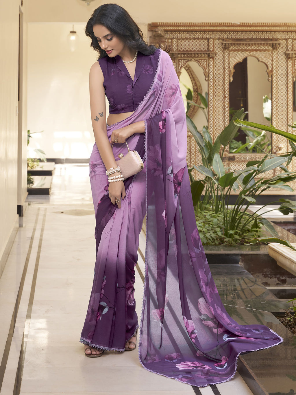 Wine Mauve Ombre Marble Saree with Floral Print & Lace Border
