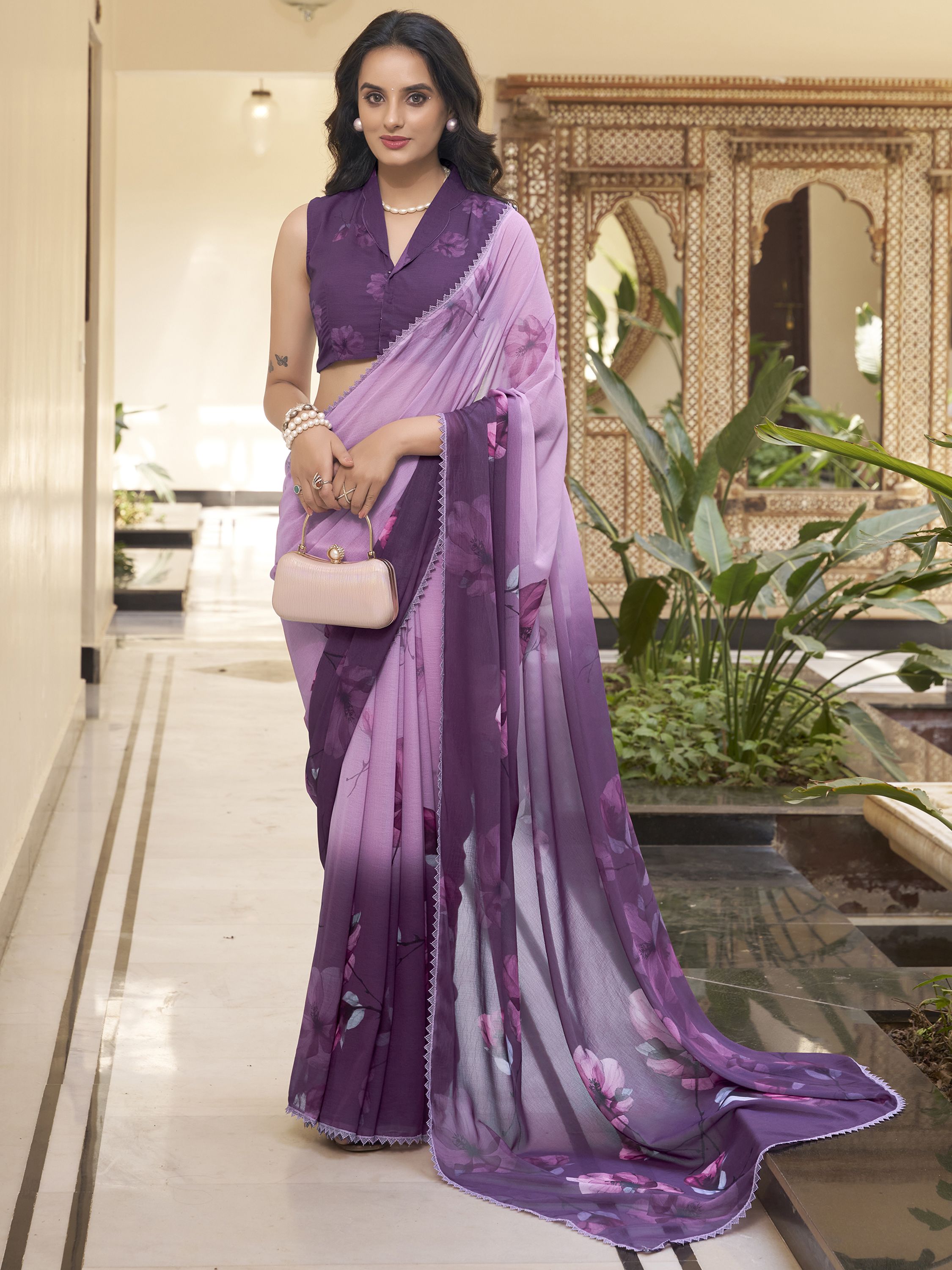 Wine Mauve Ombre Marble Saree with Floral Print & Lace Border
