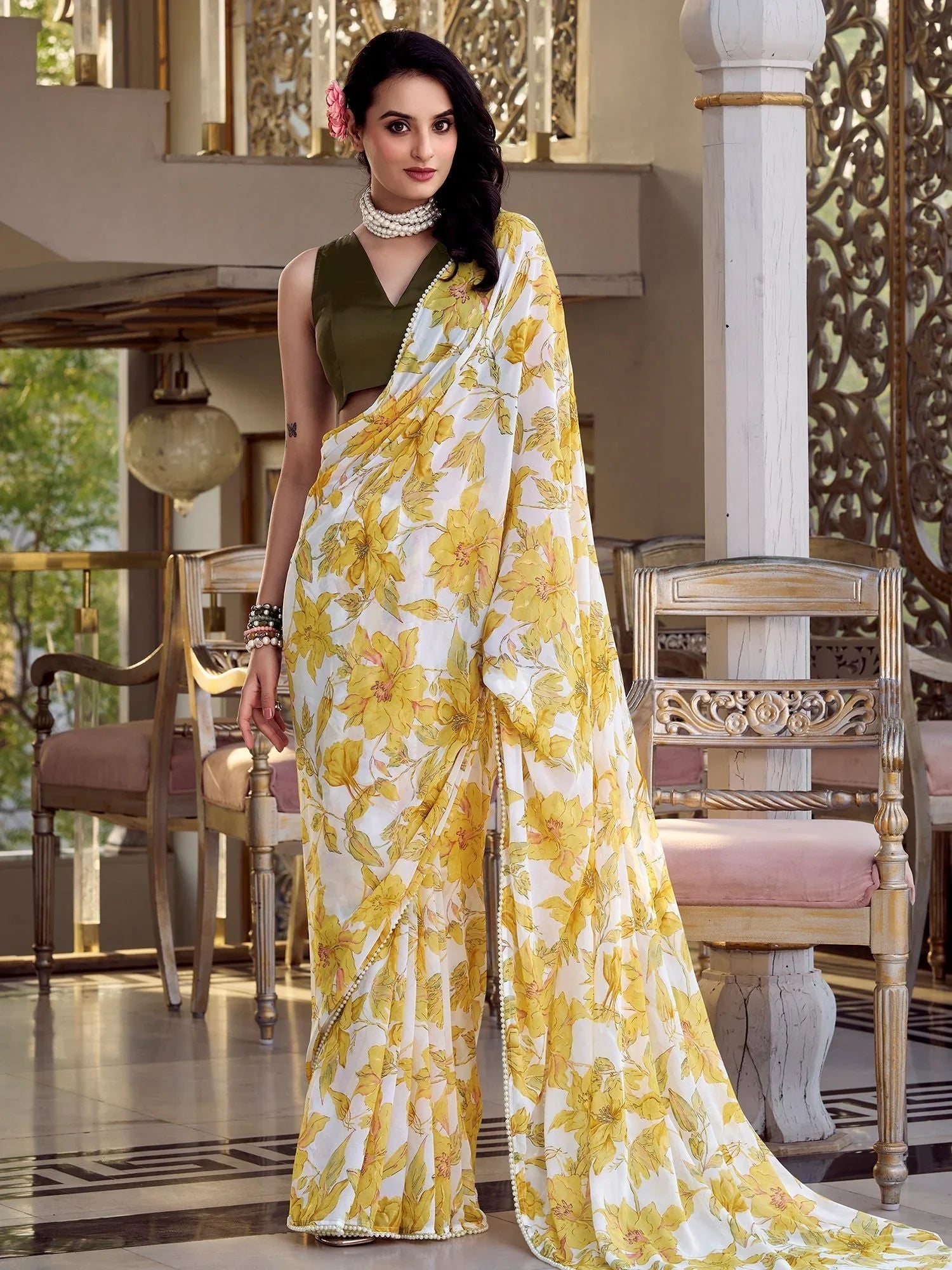 Yellow Chiffon Floral Print Pearl Lace Border Saree with Blouse