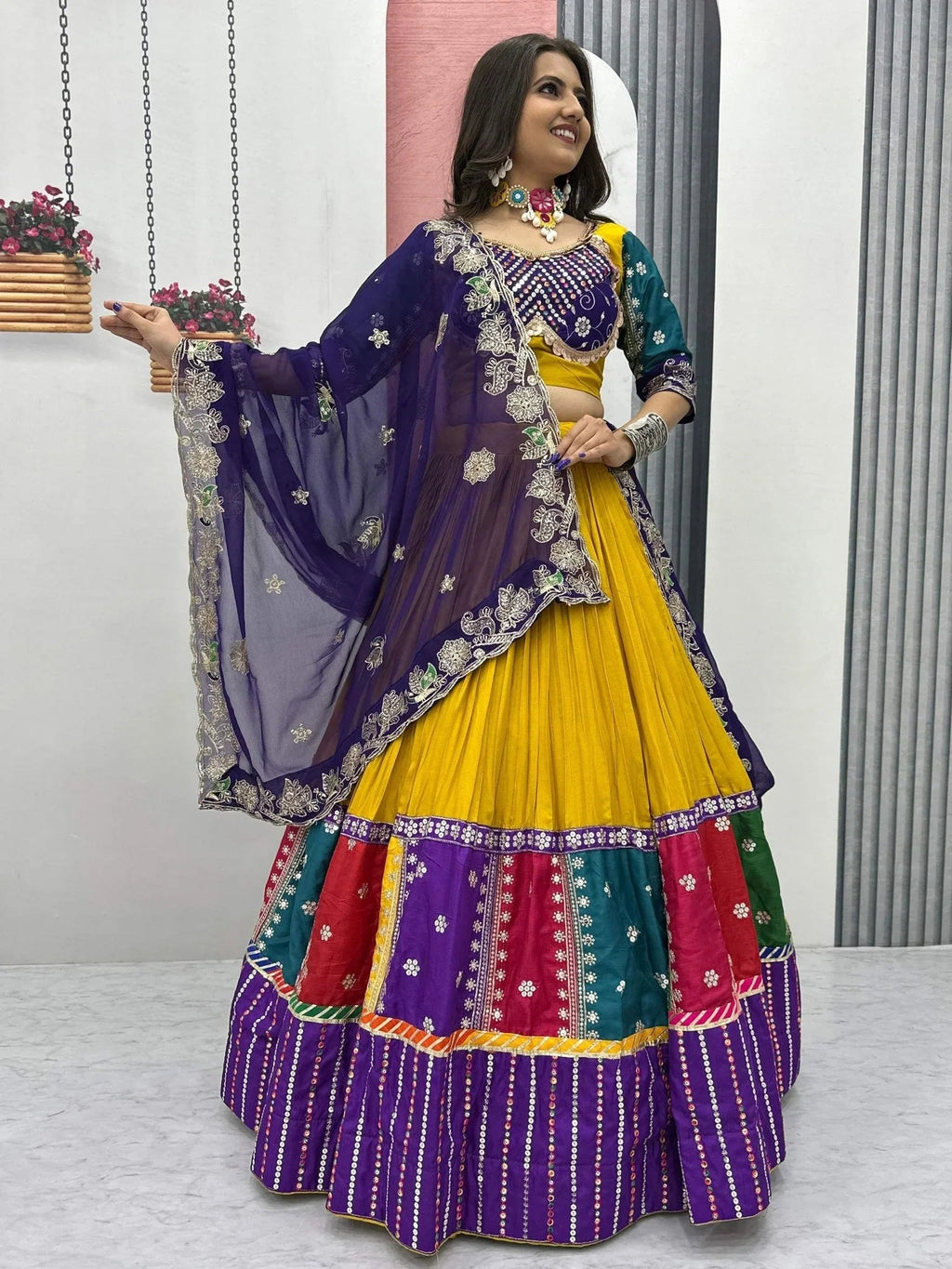 Yellow Pure Cotton Embroidered Sequins Work Lehenga Choli with Dupatta