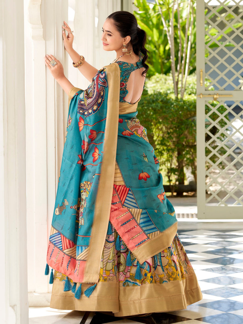 Yellow Dola Silk Kalamkari Printed Traditional Lehenga Choli With Dupatta