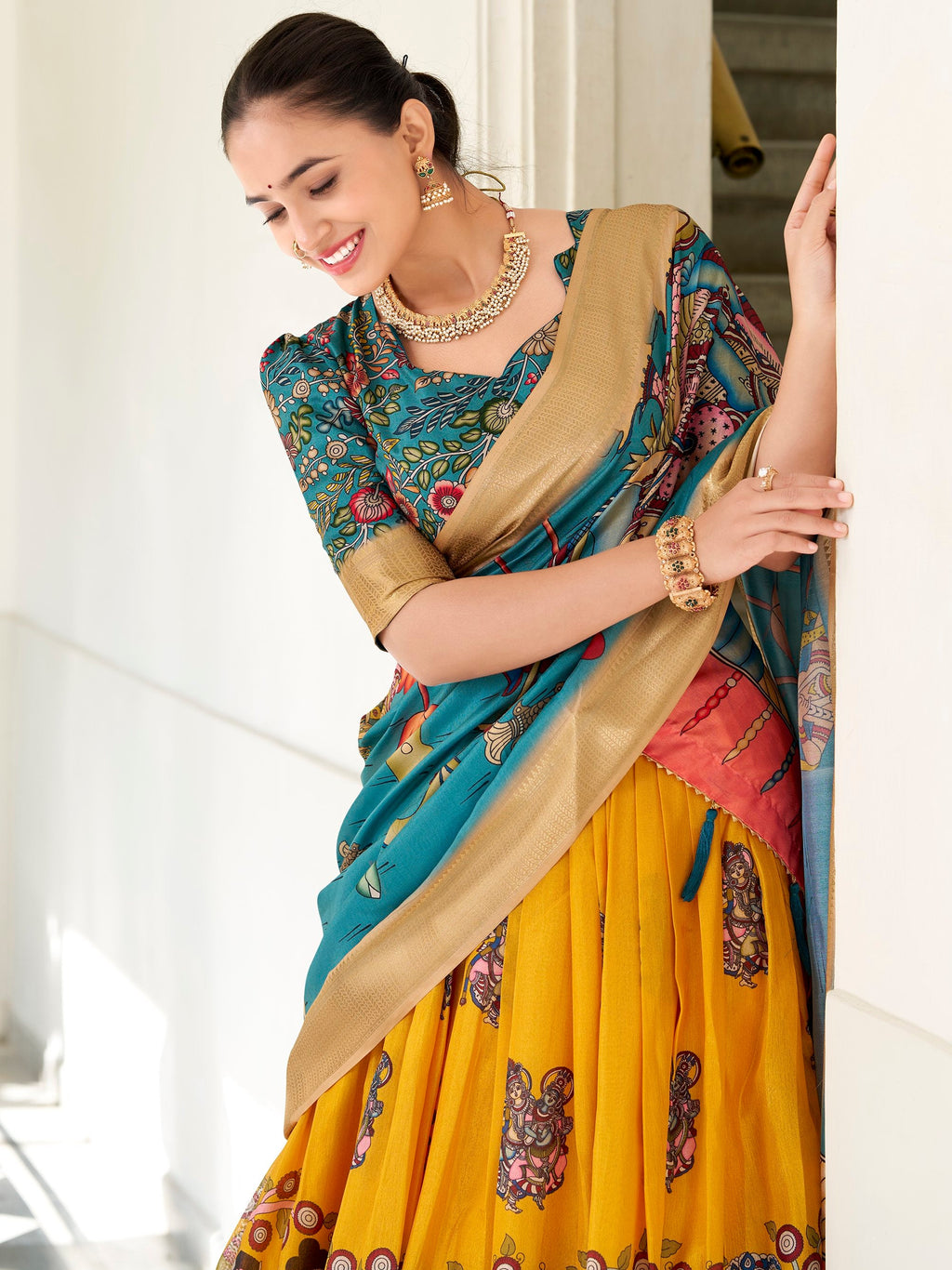 Yellow Dola Silk Kalamkari Printed Traditional Lehenga Choli With Dupatta