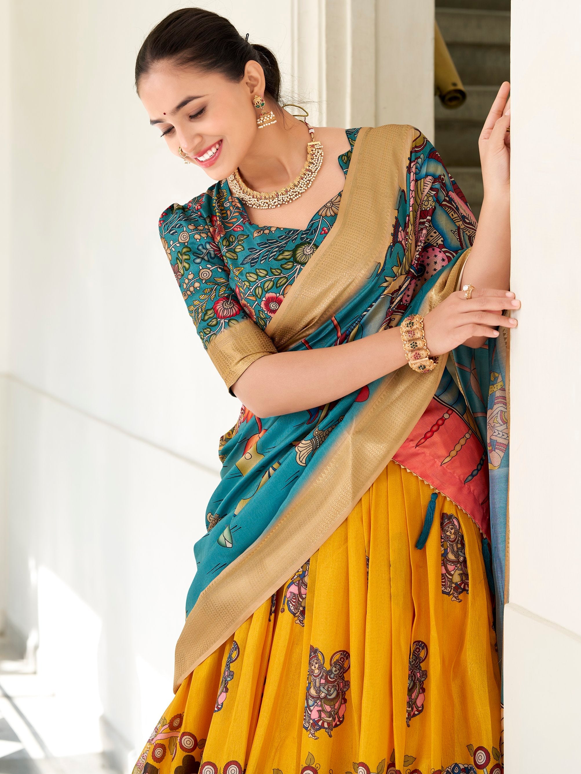 Yellow Dola Silk Kalamkari Printed Traditional Lehenga Choli With Dupatta