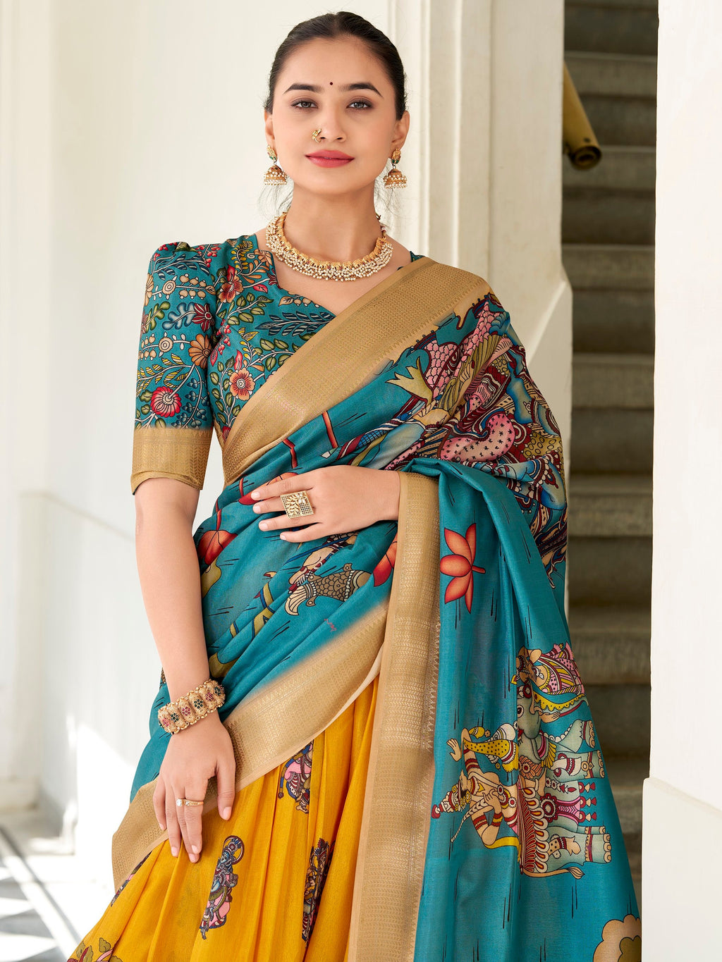 Yellow Dola Silk Kalamkari Printed Traditional Lehenga Choli With Dupatta