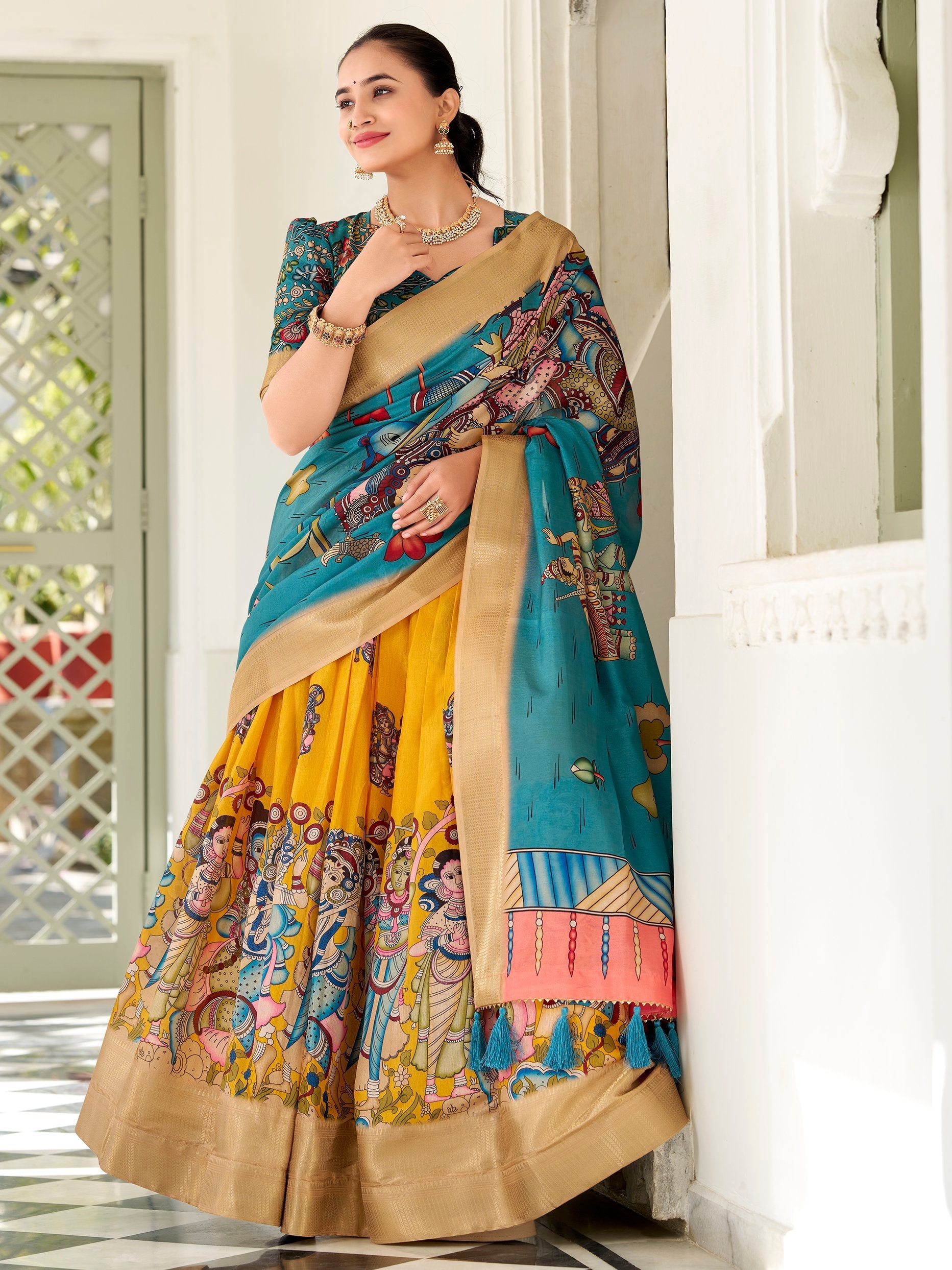Yellow Dola Silk Kalamkari Printed Traditional Lehenga Choli With Dupatta
