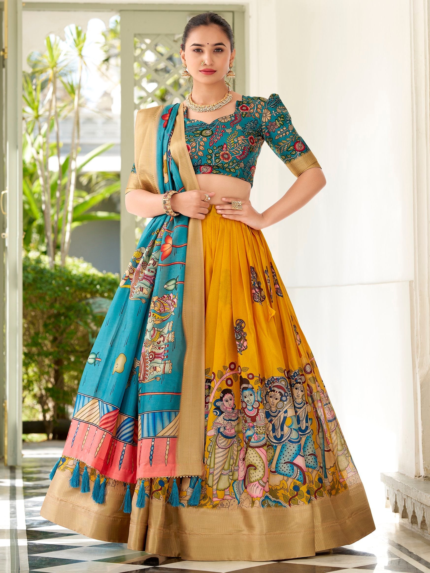 Yellow Dola Silk Kalamkari Printed Traditional Lehenga Choli With Dupatta