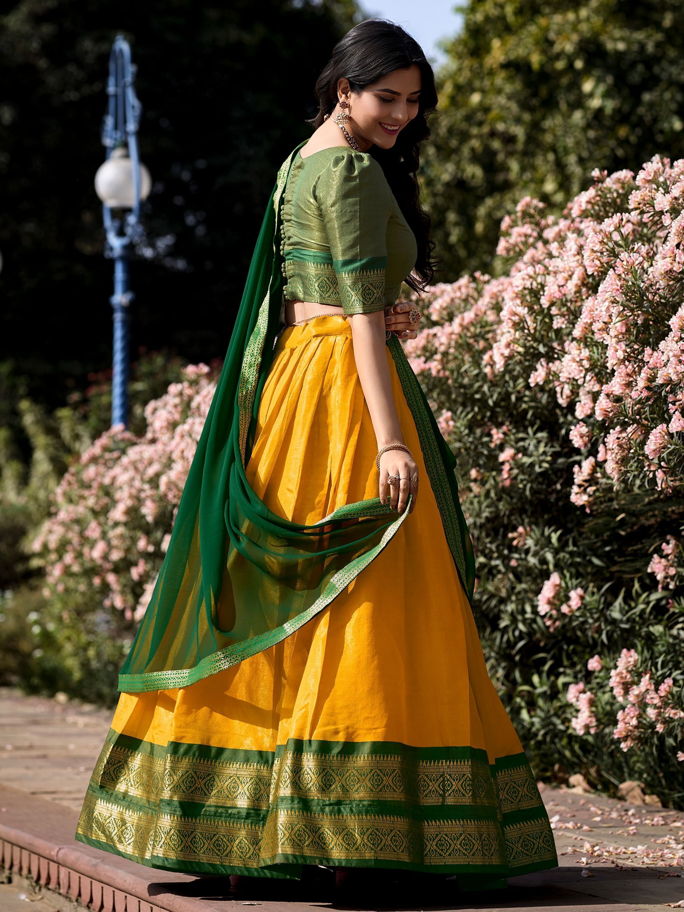 Yellow Kanchipuram Silk Zari Weaving Work Traditional Lehenga Choli