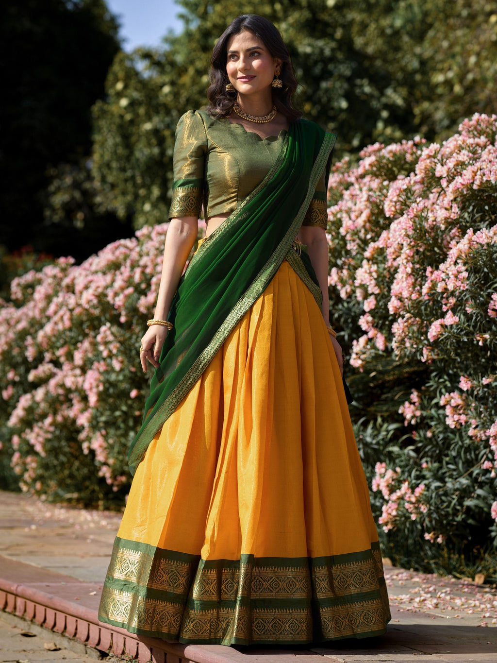 Yellow Kanchipuram Silk Zari Weaving Work Traditional Lehenga Choli
