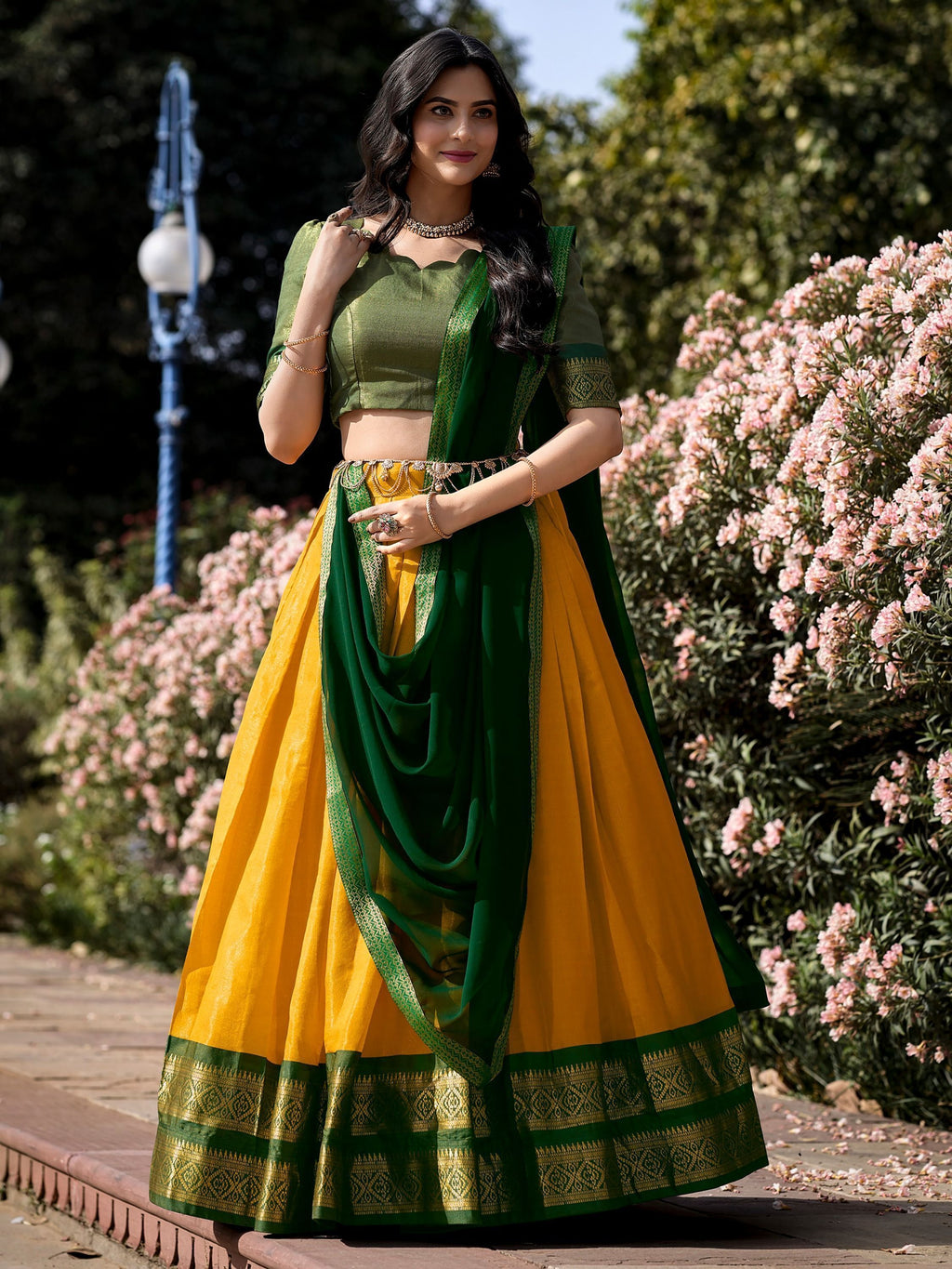 Yellow Kanchipuram Silk Zari Weaving Work Traditional Lehenga Choli