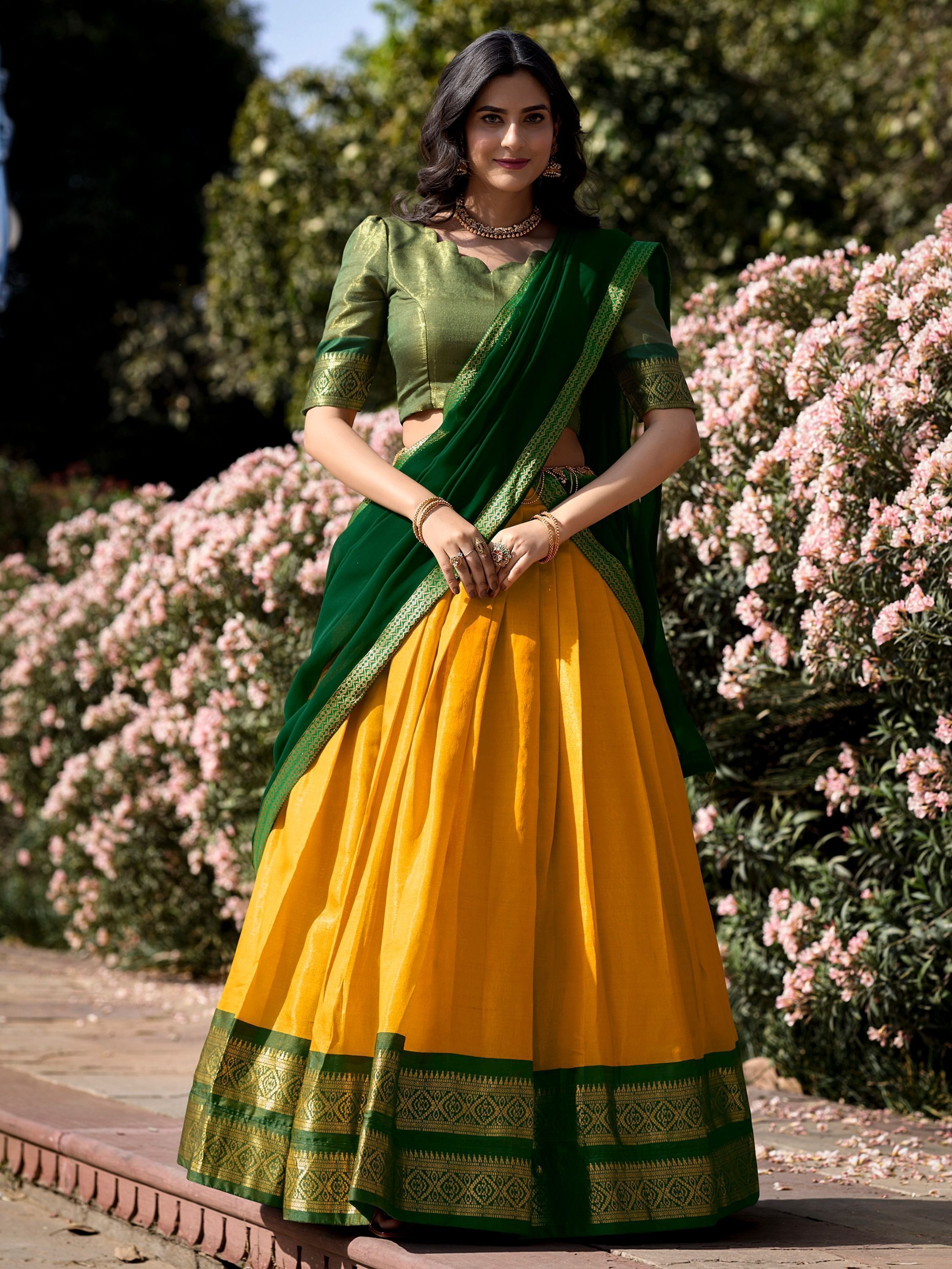 Yellow Kanchipuram Silk Zari Weaving Work Traditional Lehenga Choli