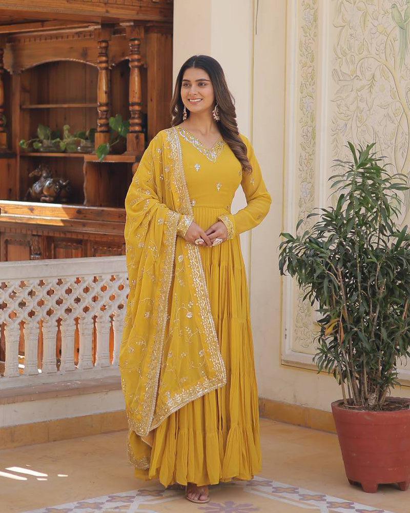 Kamakhya yellow georgette anarkali gown set