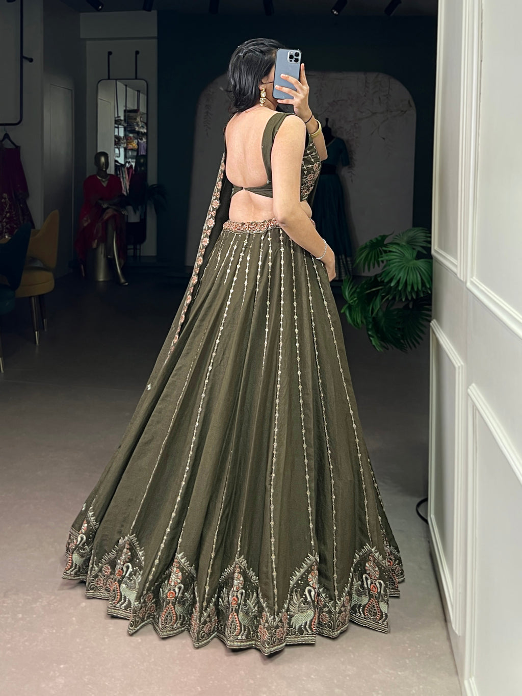 Zarakh Olive Green Silk Sequins Thread Embroidery Work Lehenga Choli