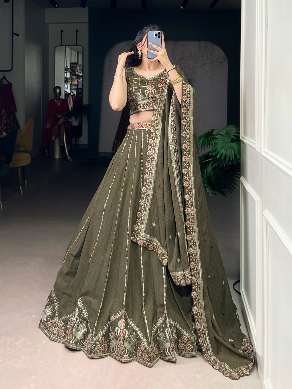 Zarakh Olive Green Silk Sequins Thread Embroidery Work Lehenga Choli