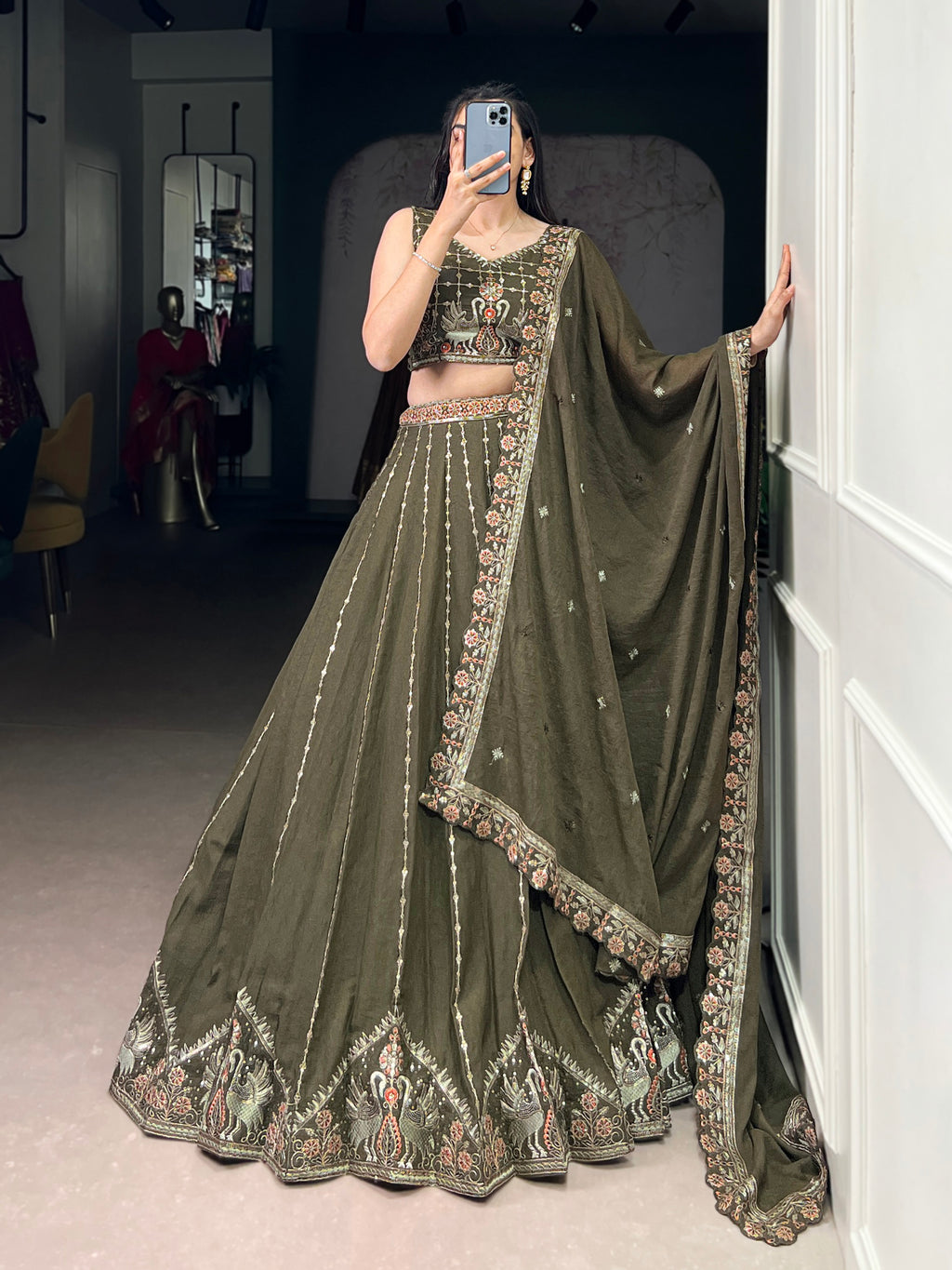 Zarakh Olive Green Silk Sequins Thread Embroidery Work Lehenga Choli