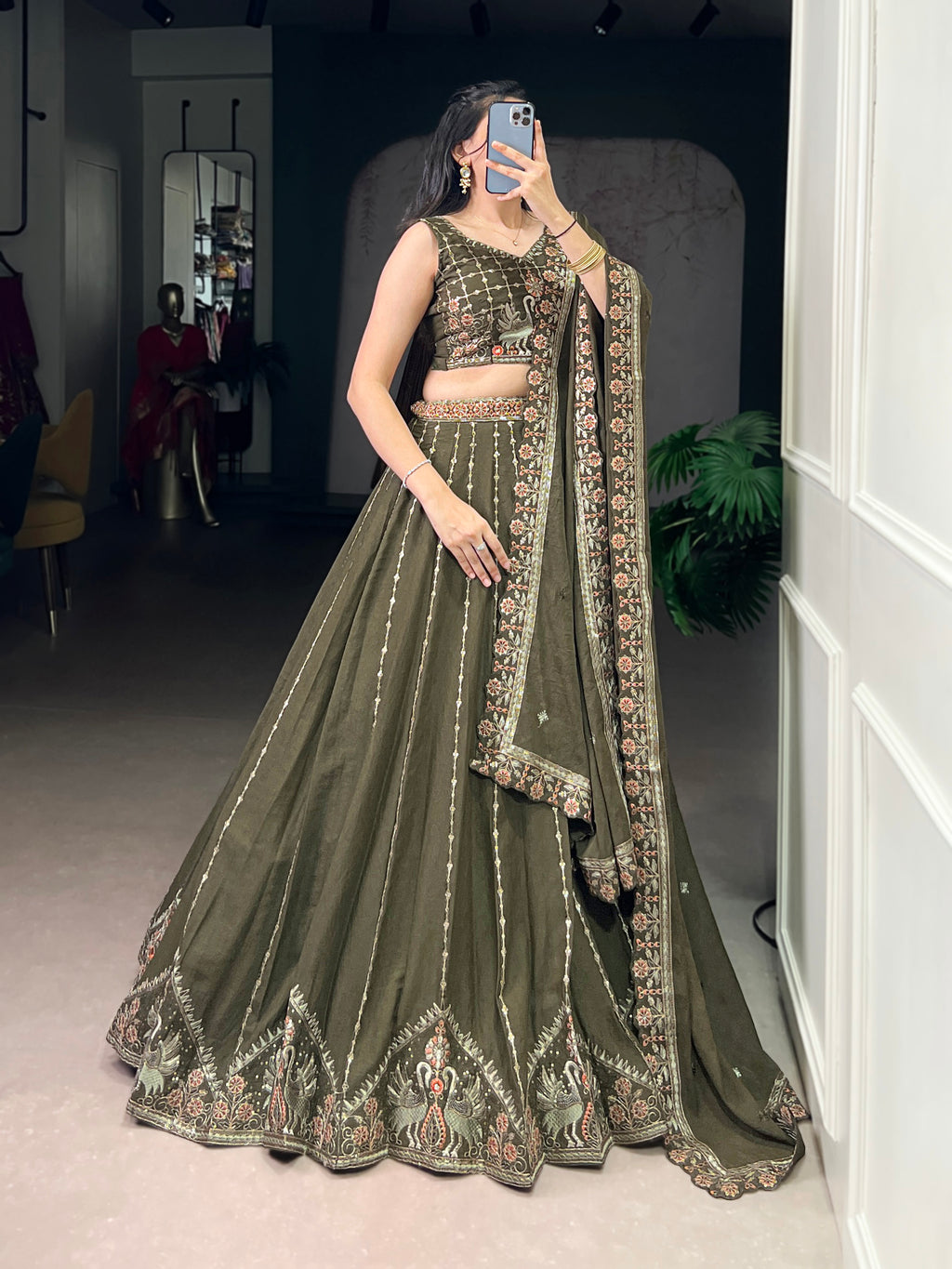 Zarakh Olive Green Silk Sequins Thread Embroidery Work Lehenga Choli