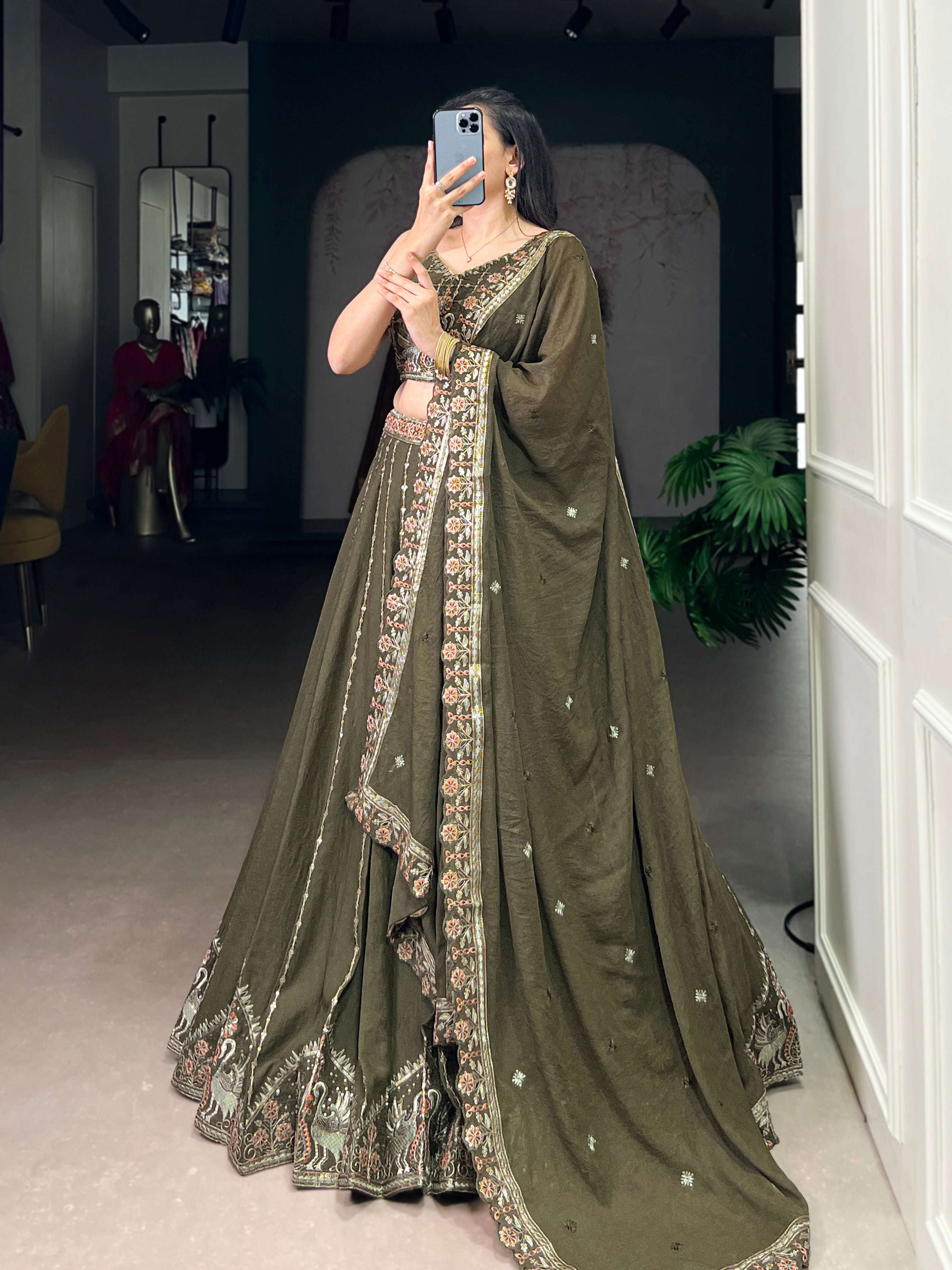 Zarakh Olive Green Silk Sequins Thread Embroidery Work Lehenga Choli