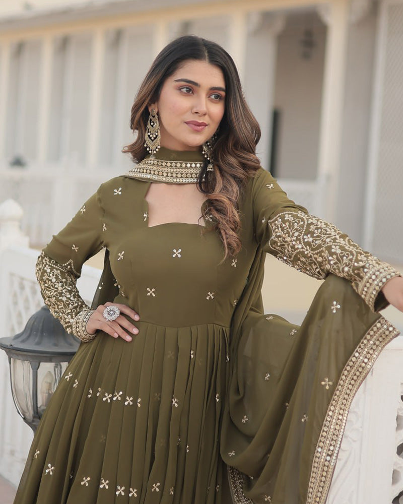 Kaumari Georgette Mehendi Green Anarkali Gown Set L