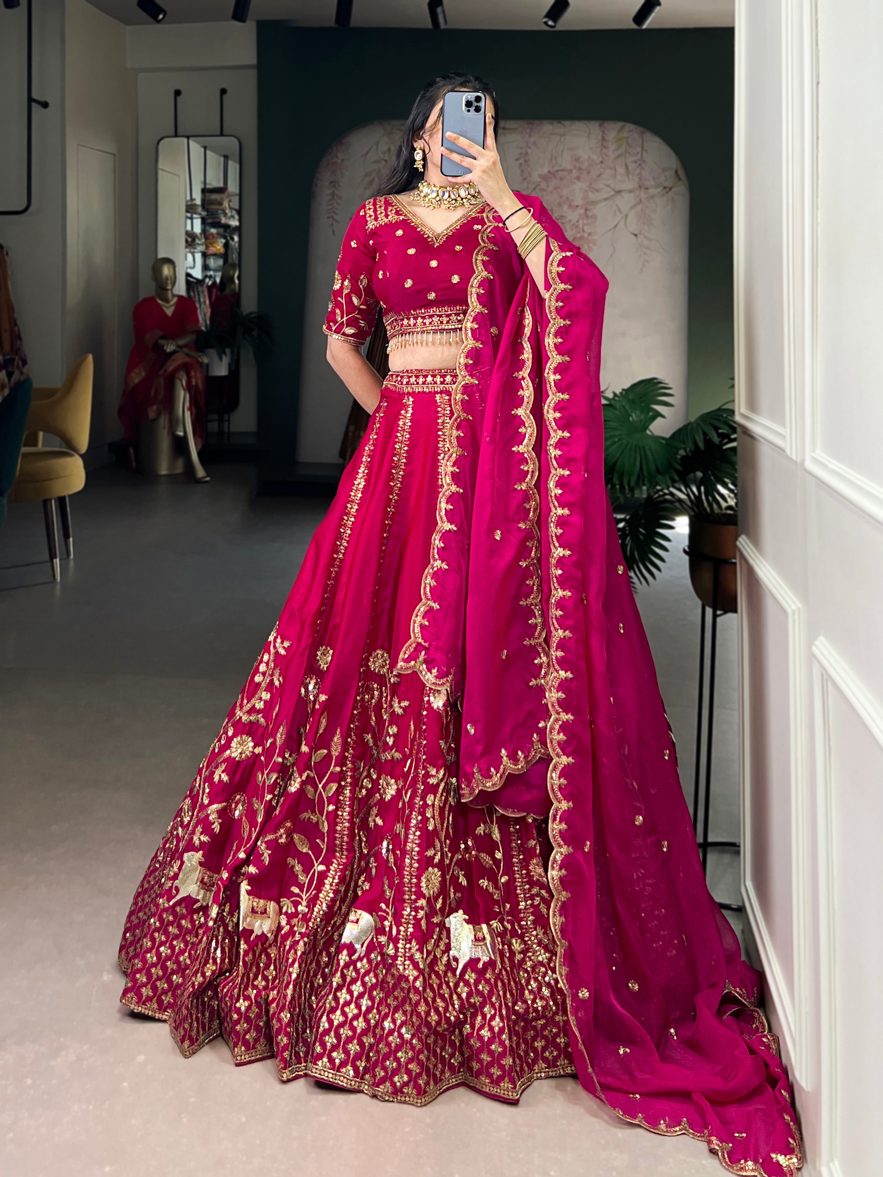 Aarika Rani Pink Natural Silk Sequins and Thread Embroidery Work Lehenga Choli