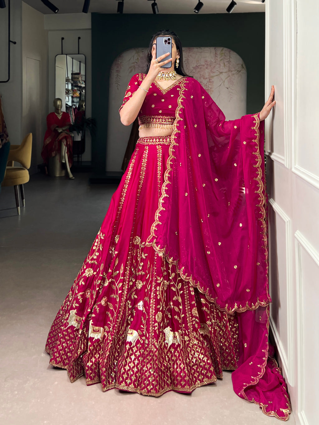Aarika Rani Pink Natural Silk Sequins and Thread Embroidery Work Lehenga Choli