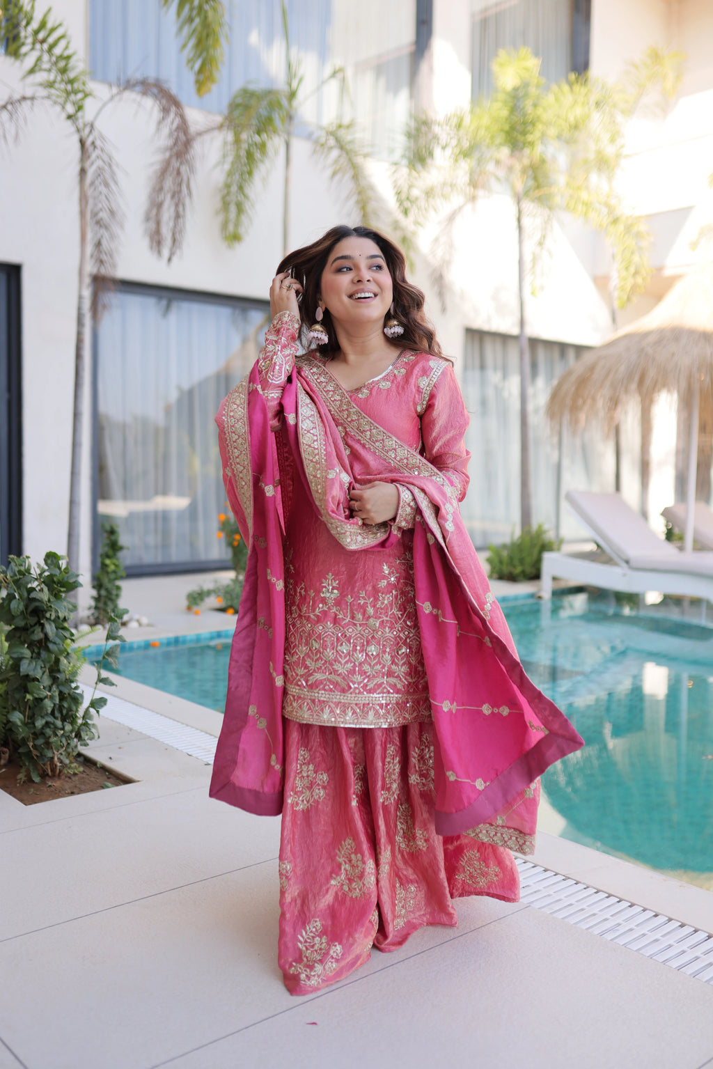 Aaryaa Pink Fendi Crush with Zari Sequins Embroidered Work Kurti Sharara Set