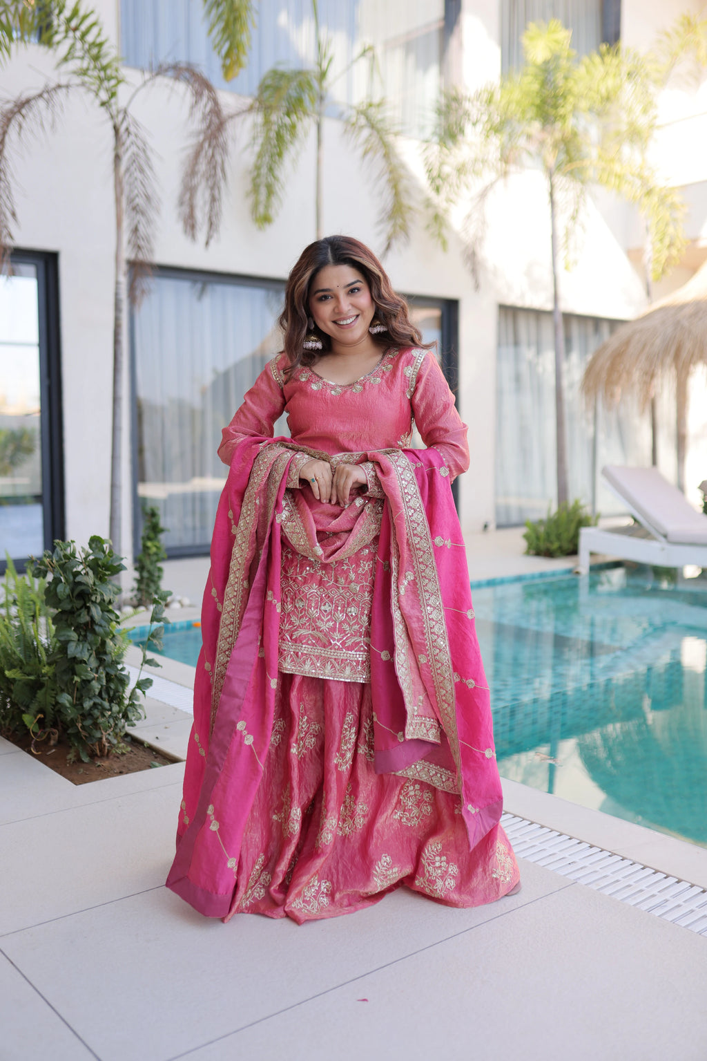 Aaryaa Pink Fendi Crush with Zari Sequins Embroidered Work Kurti Sharara Set