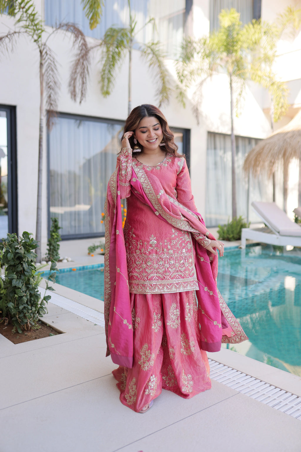 Aaryaa Pink Fendi Crush with Zari Sequins Embroidered Work Kurti Sharara Set