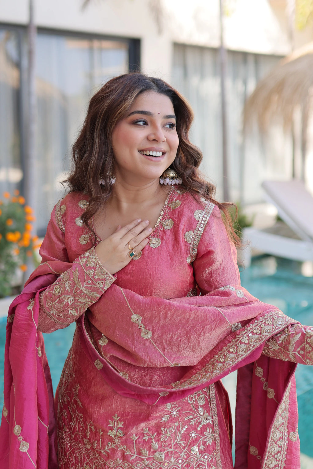 Aaryaa Pink Fendi Crush with Zari Sequins Embroidered Work Kurti Sharara Set