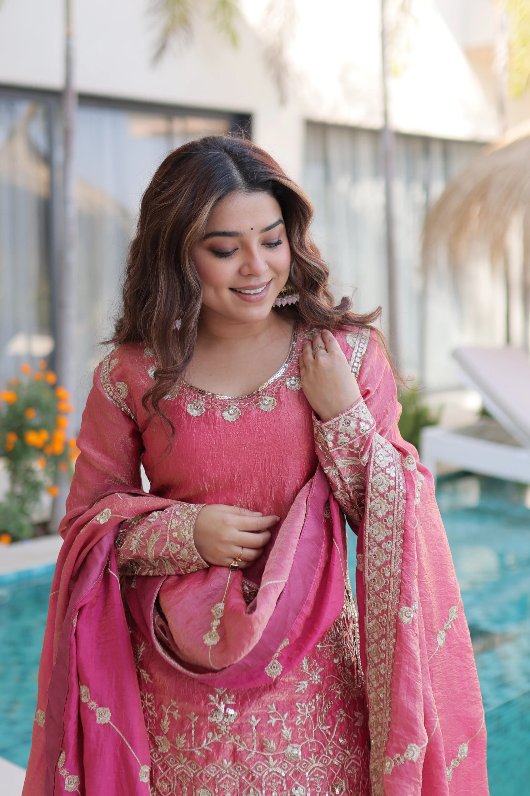 Aaryaa Pink Fendi Crush with Zari Sequins Embroidered Work Kurti Sharara Set