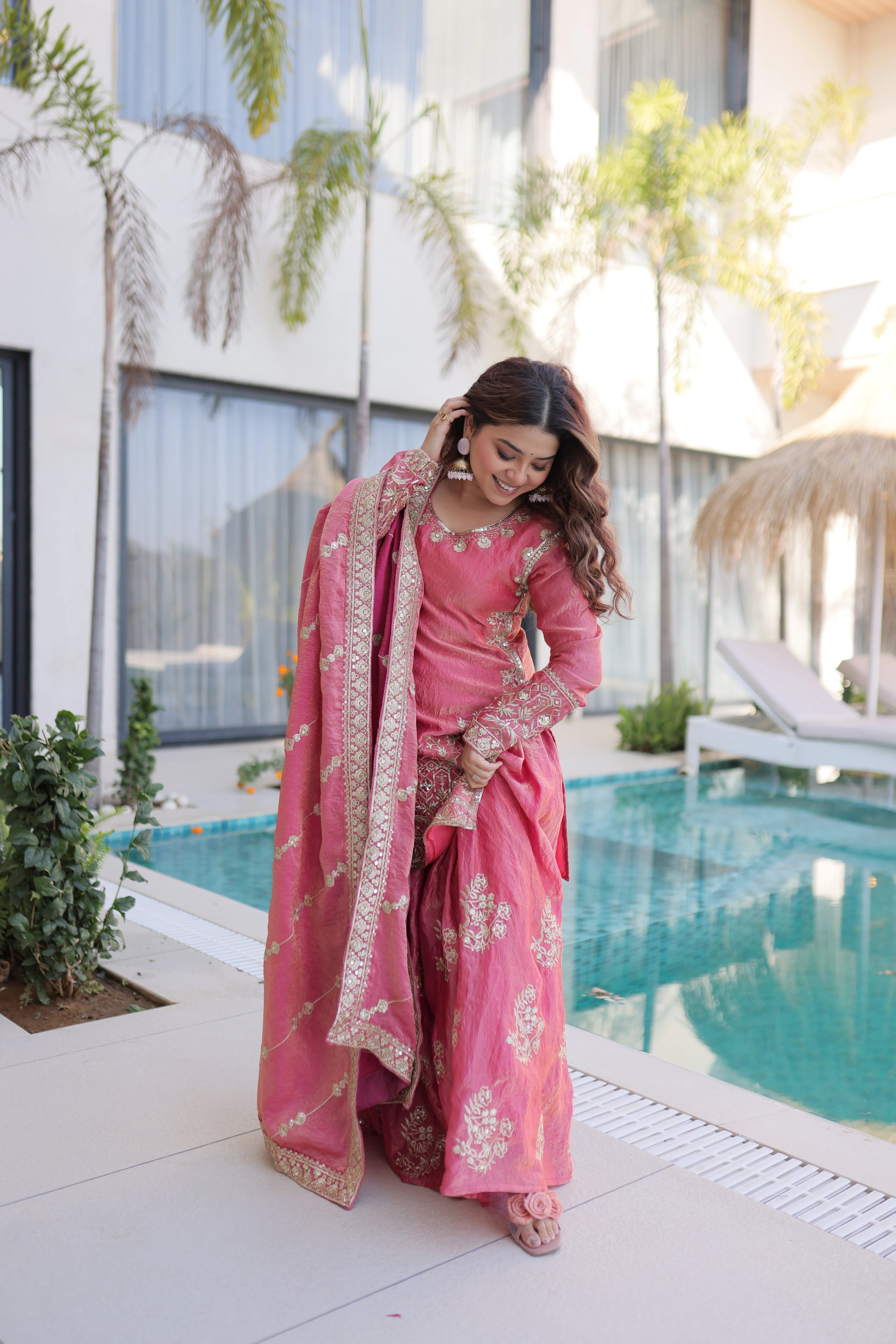 Aaryaa Pink Fendi Crush with Zari Sequins Embroidered Work Kurti Sharara Set