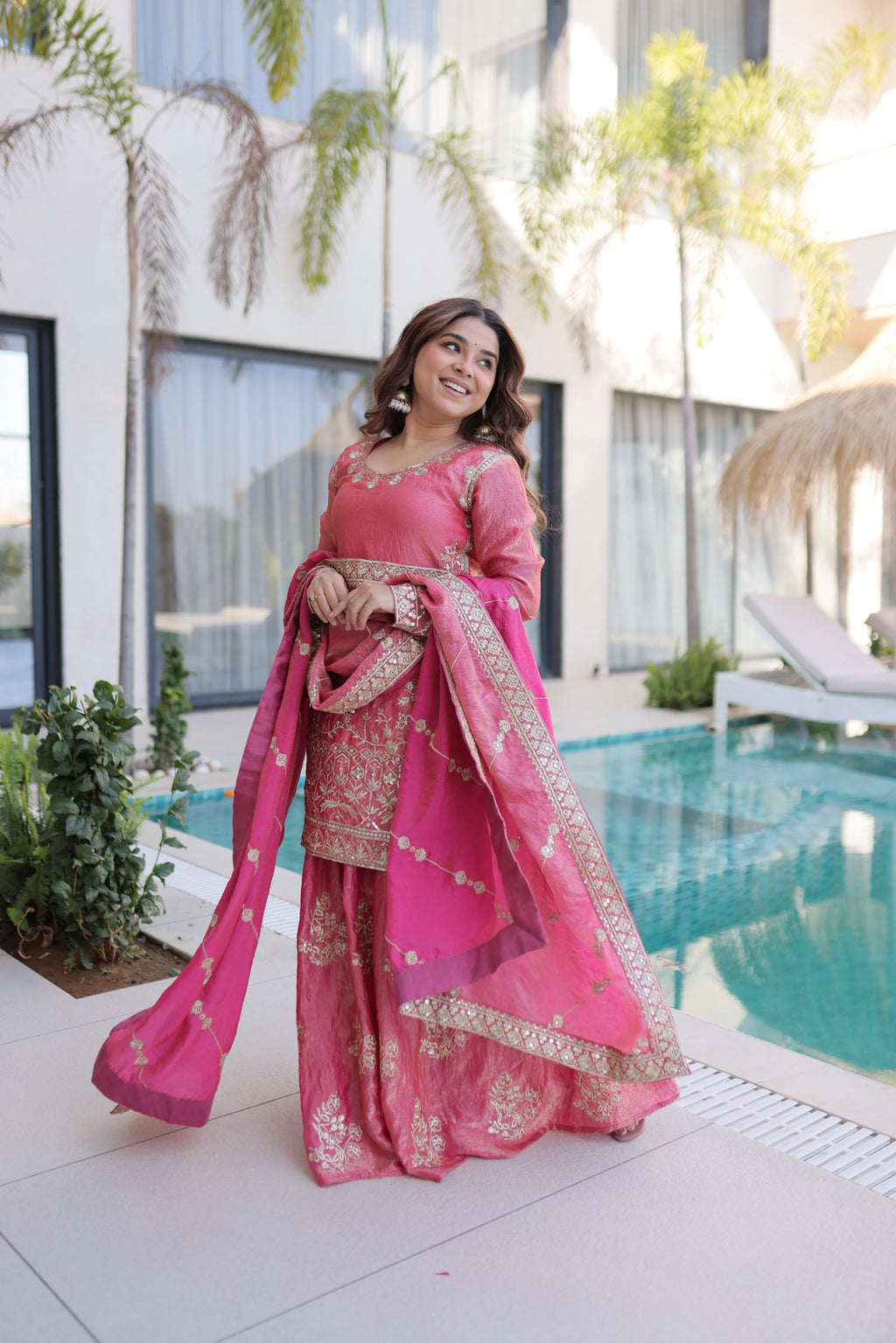 Aaryaa Pink Fendi Crush with Zari Sequins Embroidered Work Kurti Sharara Set