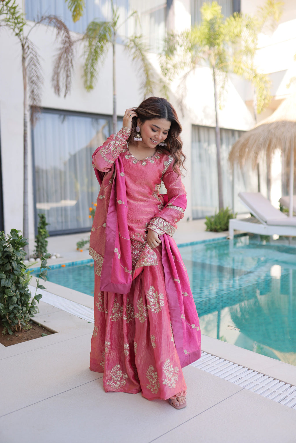 Aaryaa Pink Fendi Crush with Zari Sequins Embroidered Work Kurti Sharara Set