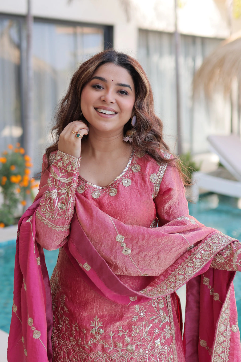 Aaryaa Pink Fendi Crush with Zari Sequins Embroidered Work Kurti Sharara Set