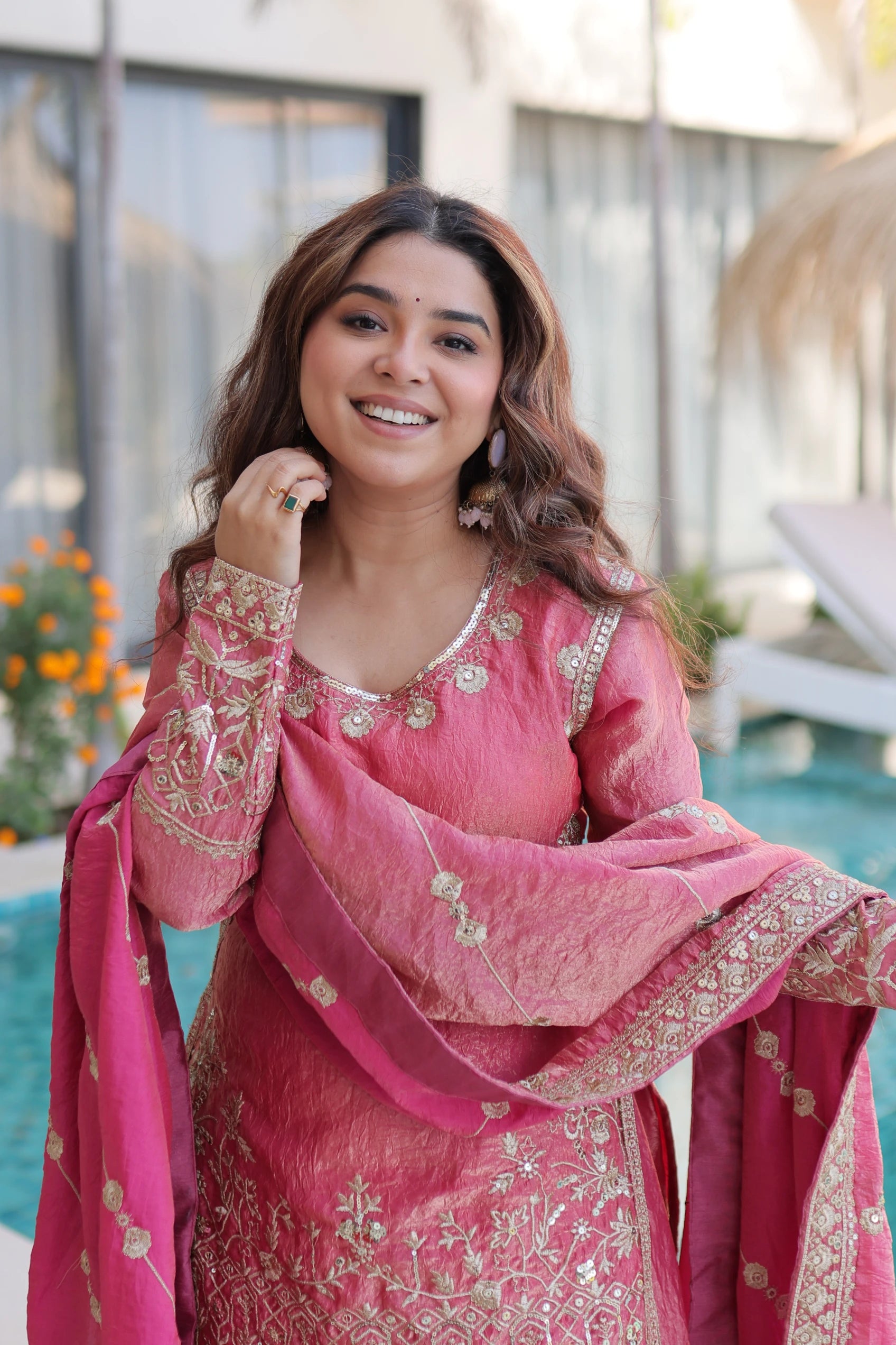 Aaryaa Pink Fendi Crush with Zari Sequins Embroidered Work Kurti Sharara Set