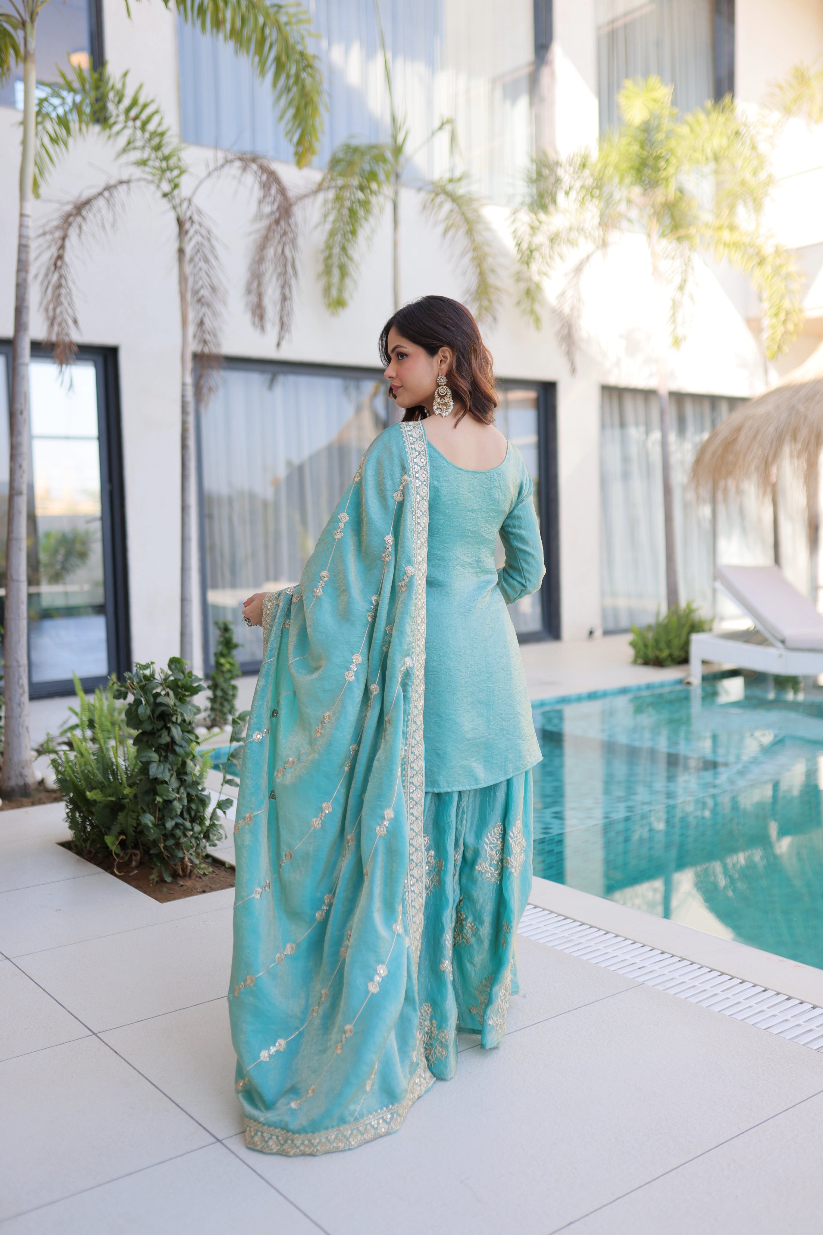 Aaryaa Sky Blue Fendi Crush with Zari Sequins Embroidered Work Kurti Sharara Set