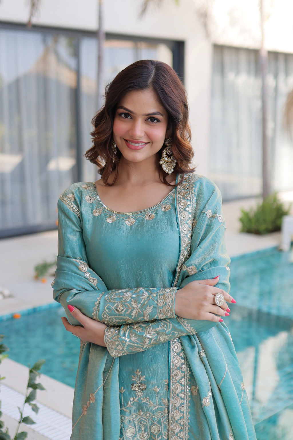 Aaryaa Sky Blue Fendi Crush with Zari Sequins Embroidered Work Kurti Sharara Set