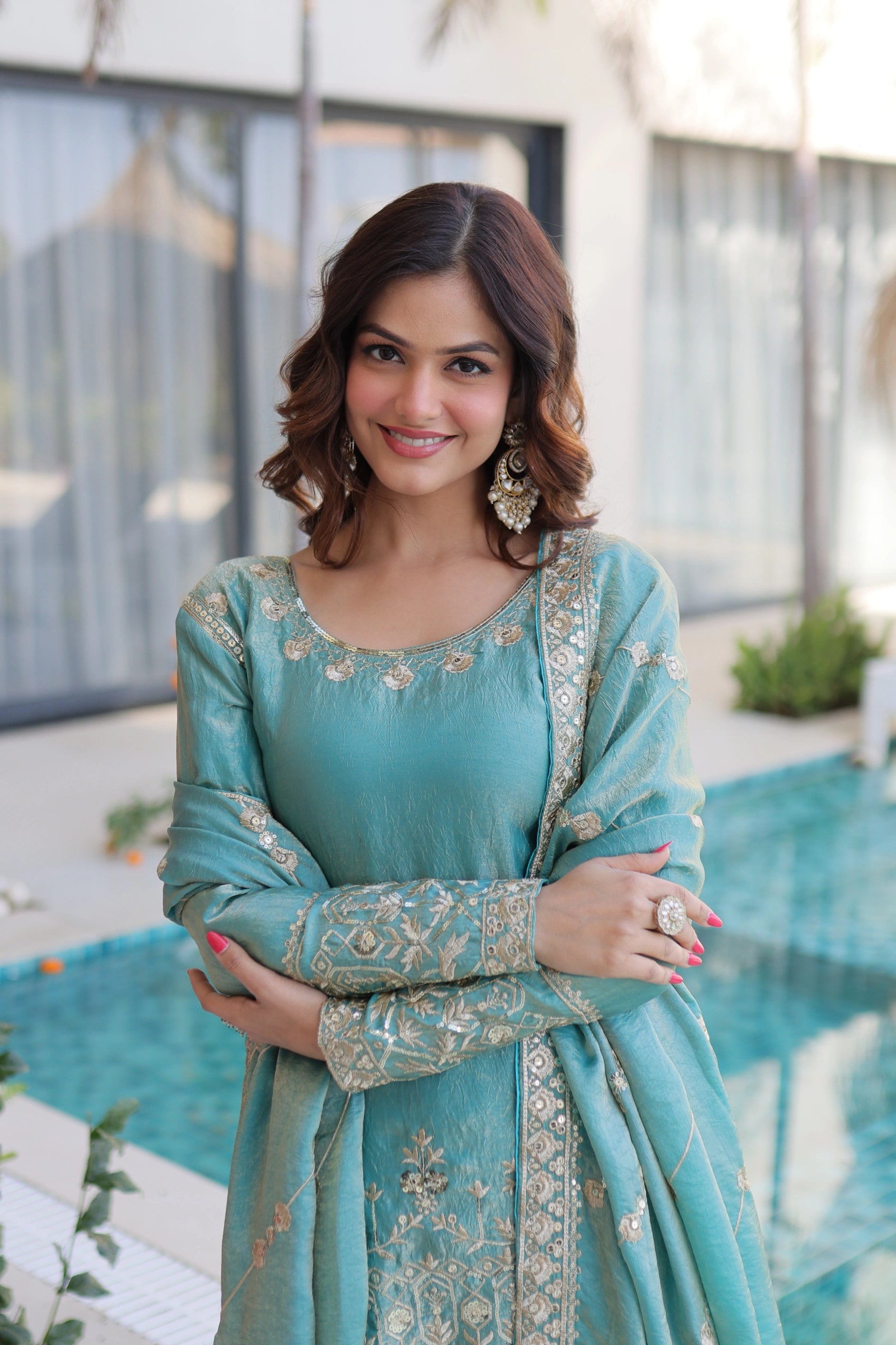 Aaryaa Sky Blue Fendi Crush with Zari Sequins Embroidered Work Kurti Sharara Set