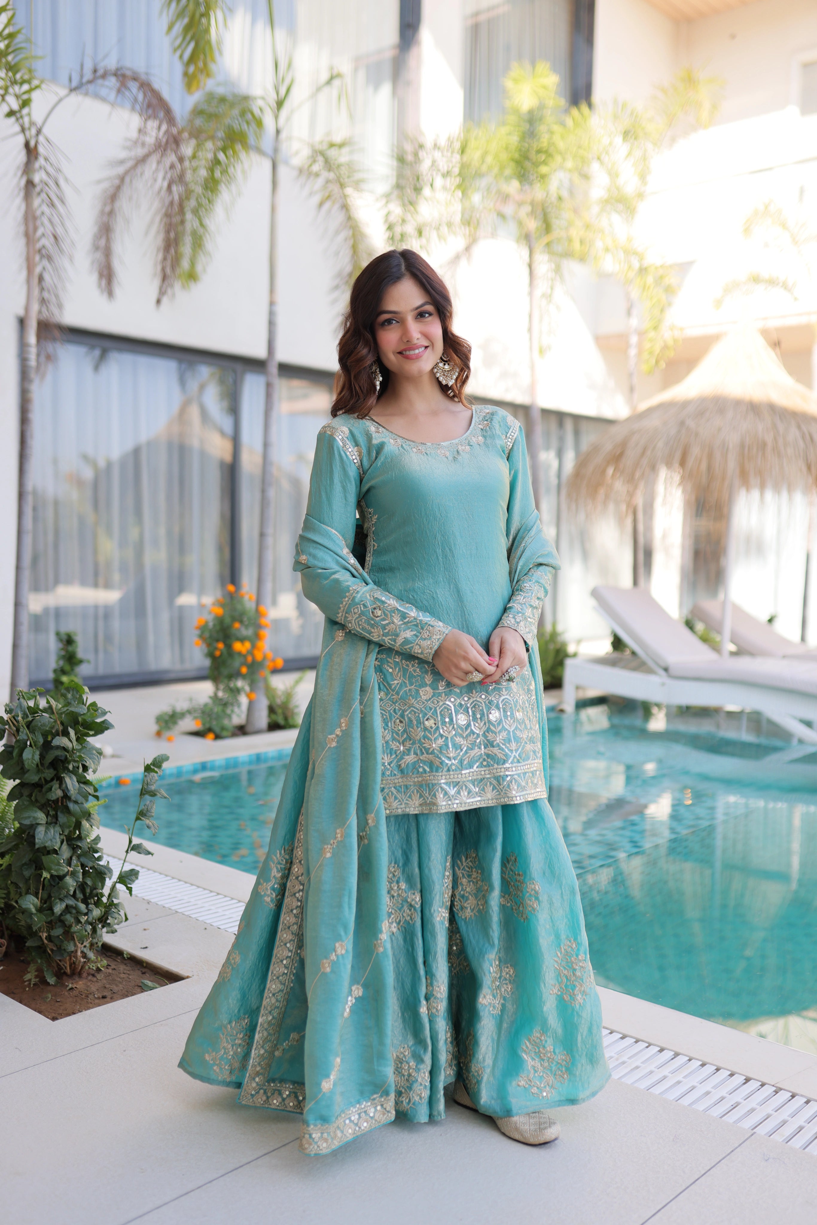 Aaryaa Sky Blue Fendi Crush with Zari Sequins Embroidered Work Kurti Sharara Set