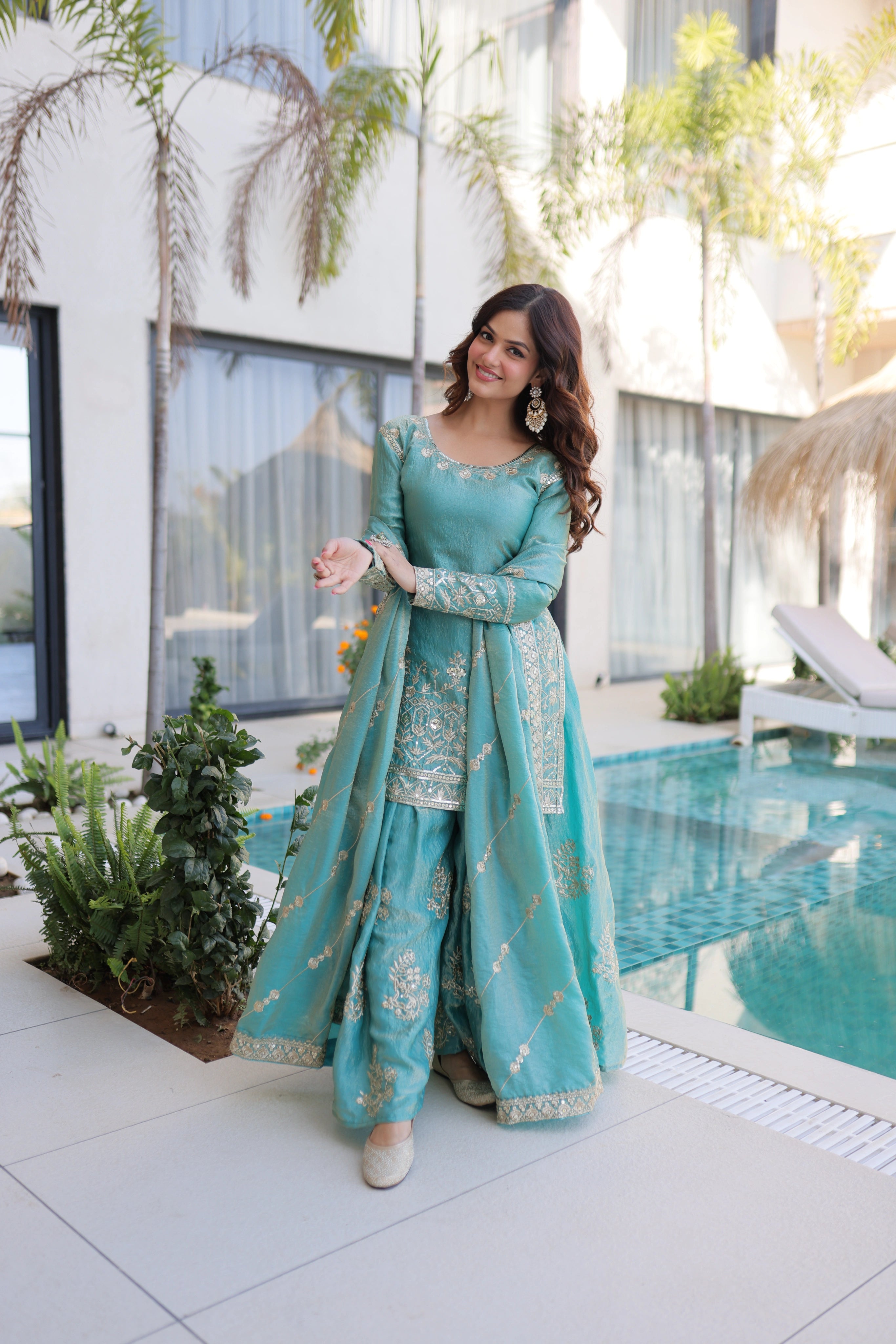 Aaryaa Sky Blue Fendi Crush with Zari Sequins Embroidered Work Kurti Sharara Set