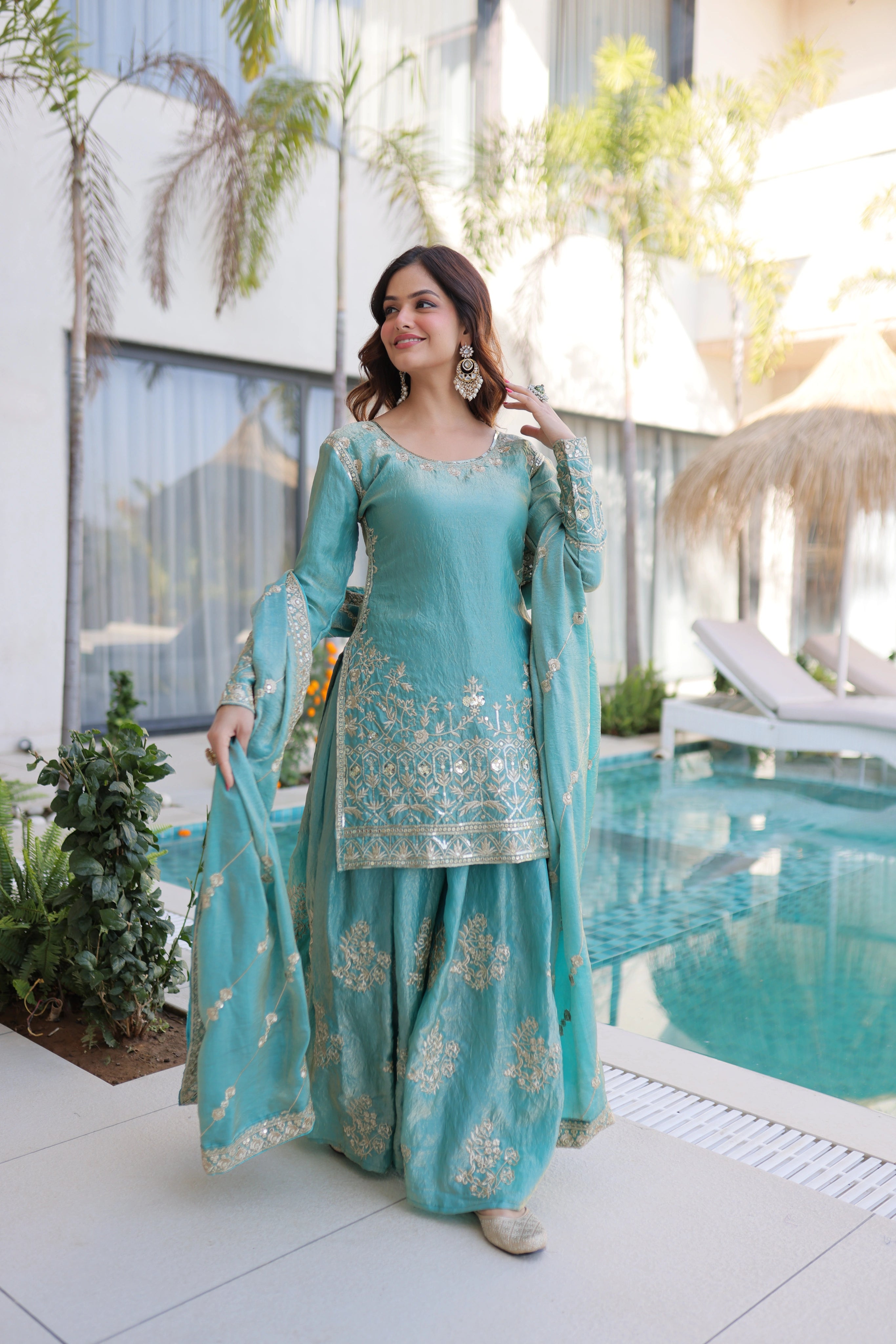 Aaryaa Sky Blue Fendi Crush with Zari Sequins Embroidered Work Kurti Sharara Set