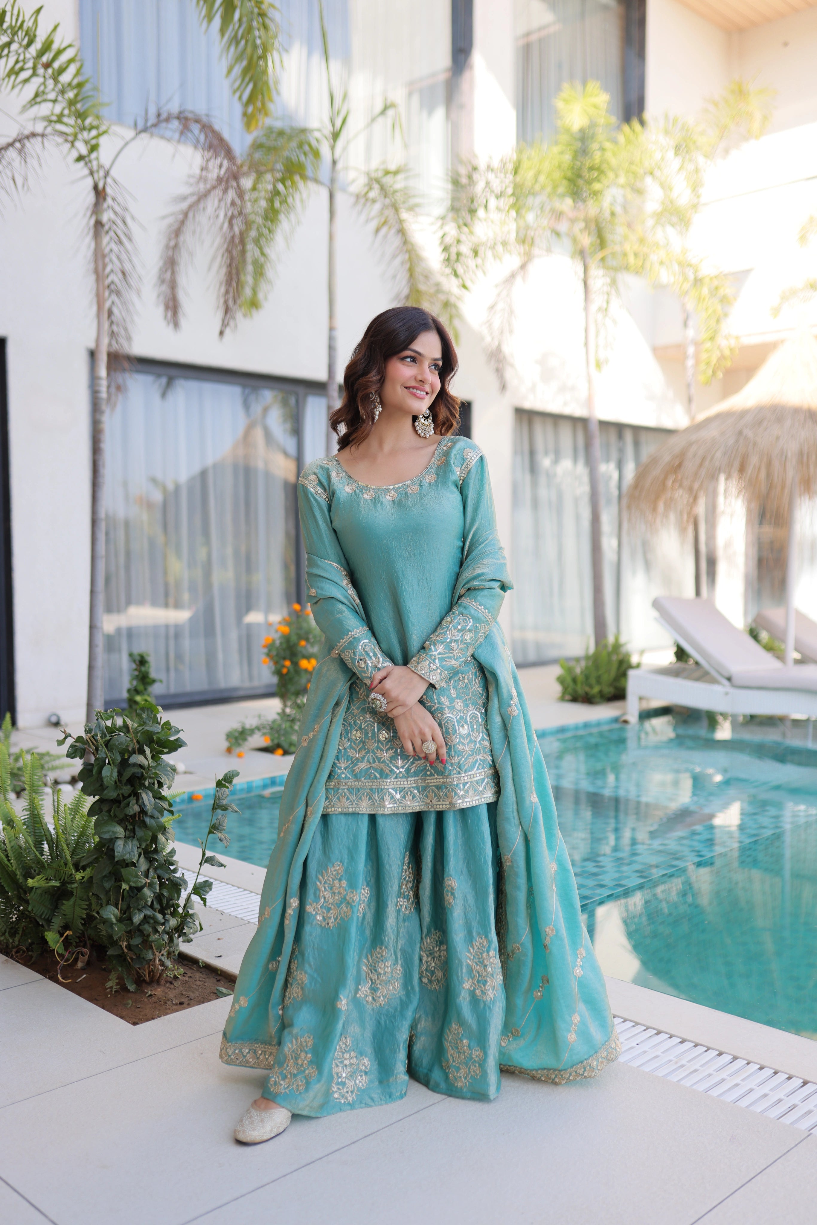 Aaryaa Sky Blue Fendi Crush with Zari Sequins Embroidered Work Kurti Sharara Set